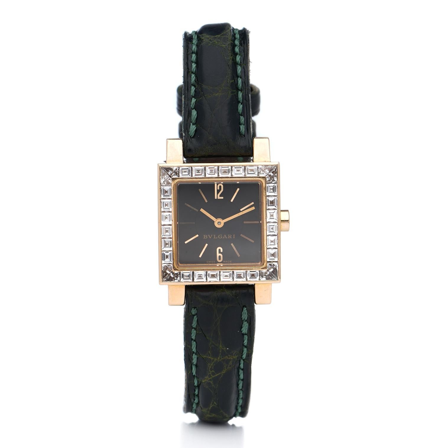 Baguette Cut Bvlgari Ladies 18kt. Yellow Gold and 1.60 CT Diamond-Set Quadrato Wristwatch For Sale