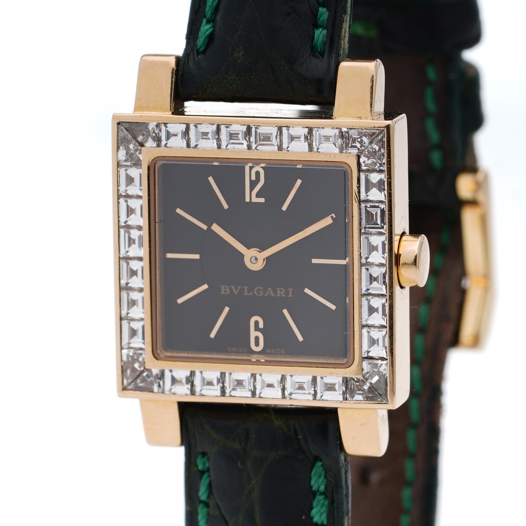 Women's Bvlgari Ladies 18kt. Yellow Gold and 1.60 CT Diamond-Set Quadrato Wristwatch For Sale