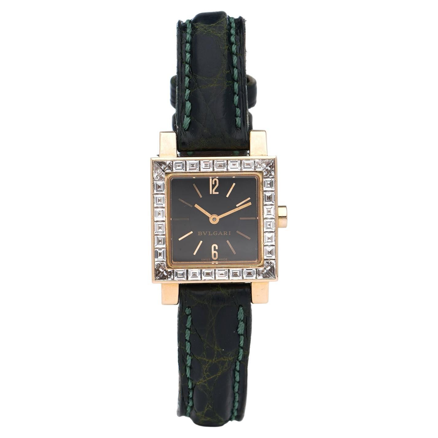 Bvlgari Ladies 18kt. Yellow Gold and 1.60 CT Diamond-Set Quadrato Wristwatch For Sale