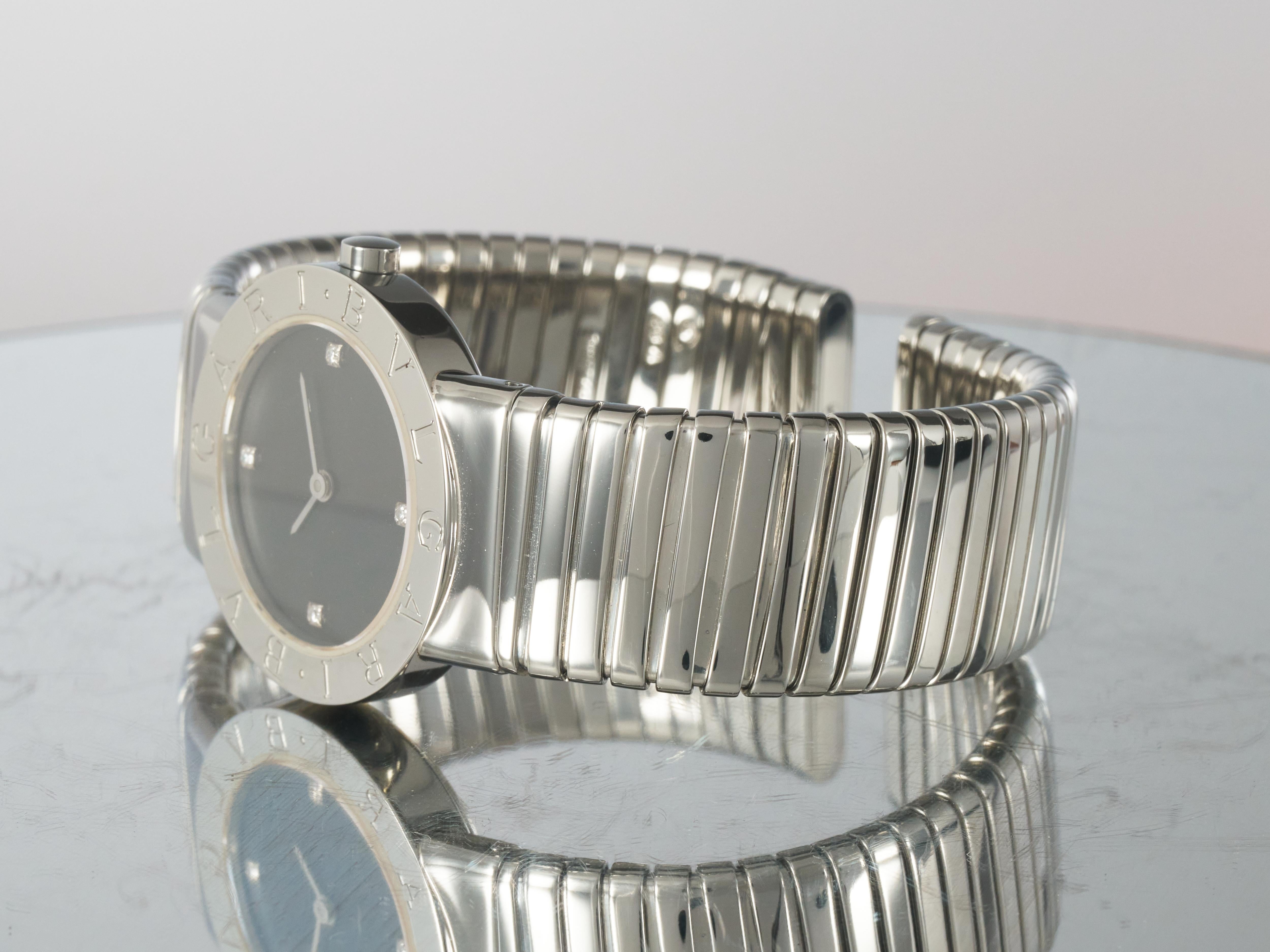 Bvlgari Ladies Watch Tubogas 26mm Black Diamond Dial Stainless Steel BB262TS For Sale 5