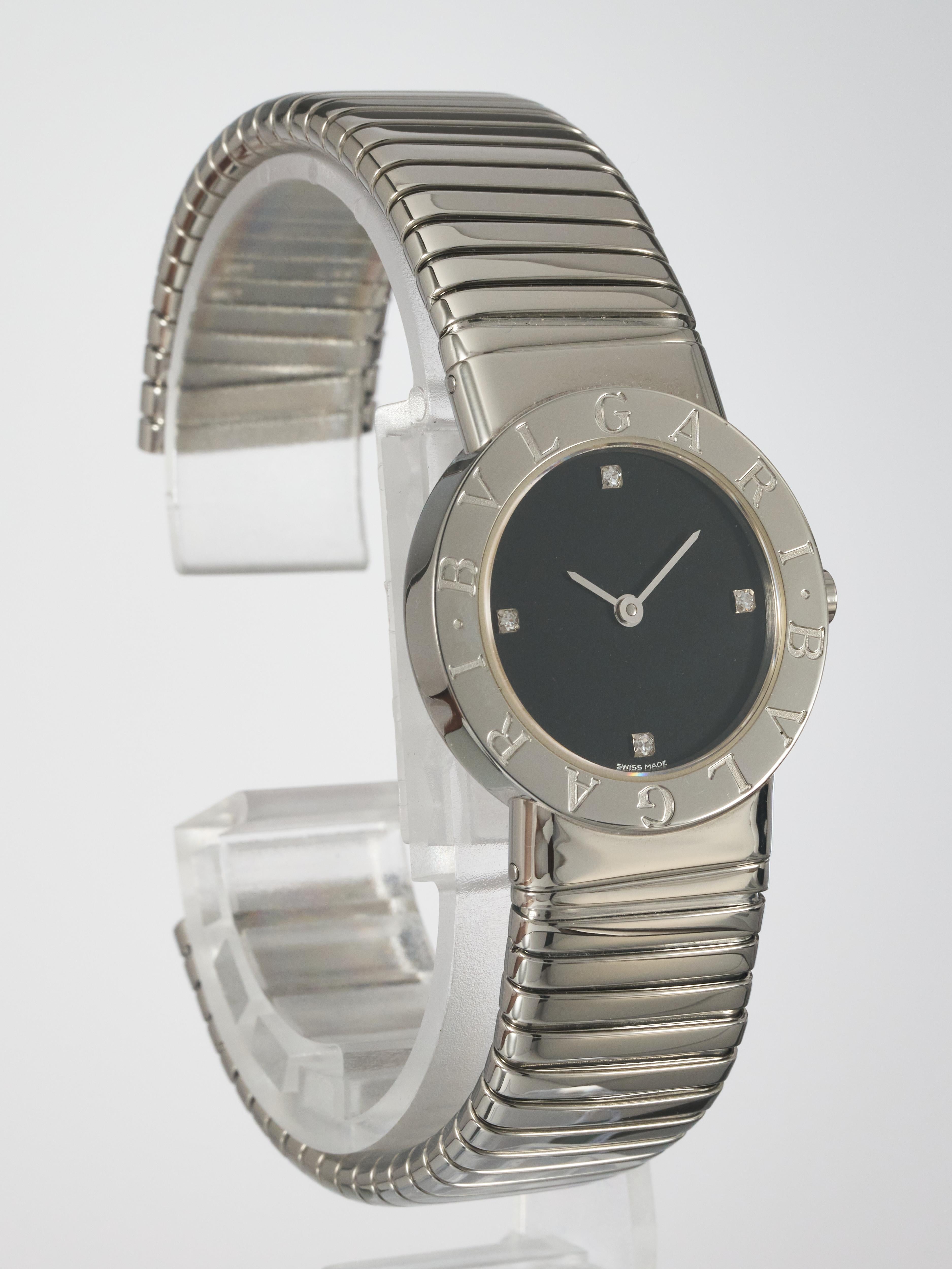 Fork In Time is proud to offer on the 1st Dibs marketplace:

BVLGARI 
Tubogas 
26mm
Black Diamond Dot Dial
Ladies
Stainless Steel
Watch with Box

Reference BB262TS -11P

Due to the flexible bangle style this watch will fit a 6