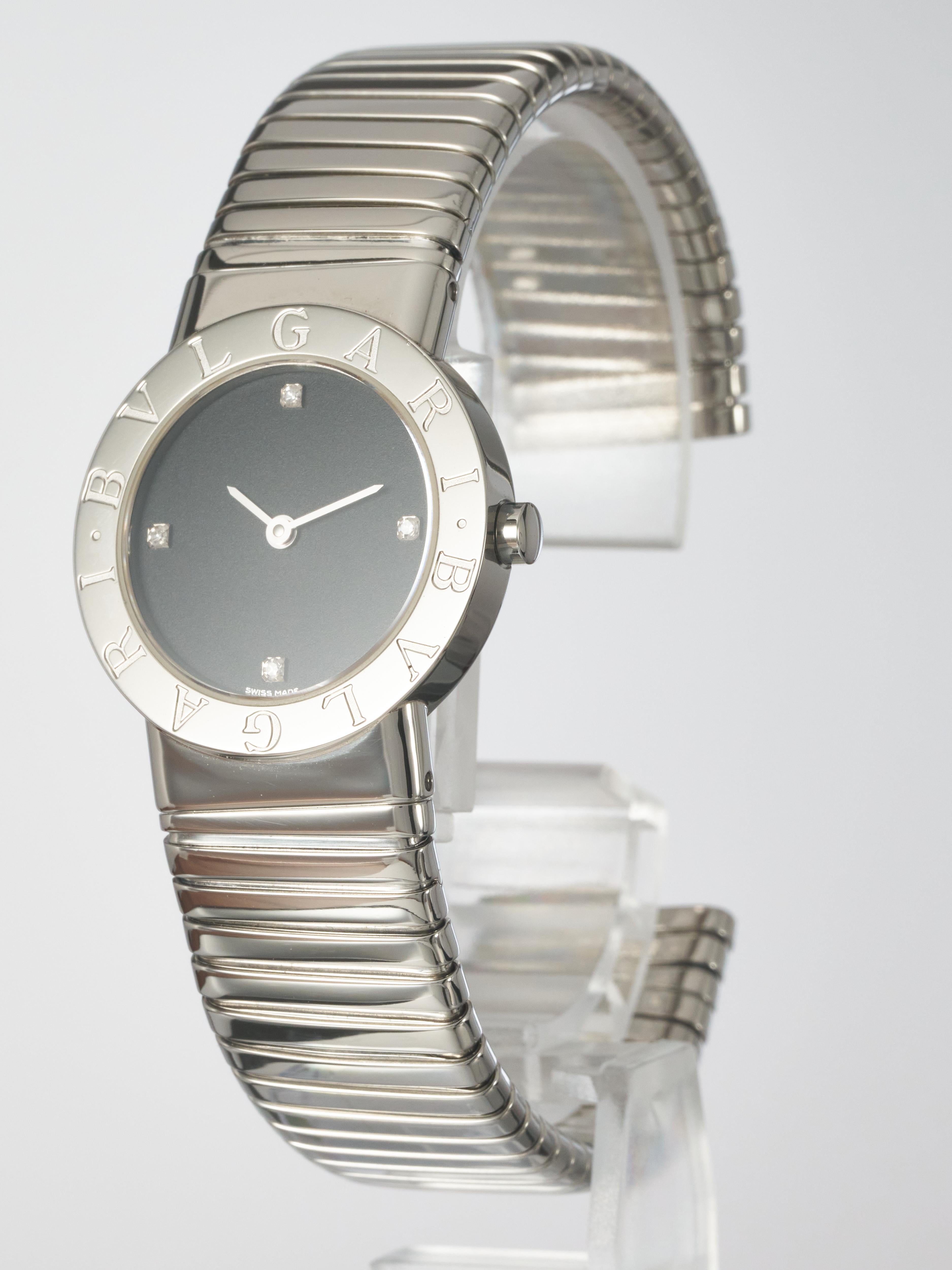 Women's Bvlgari Ladies Watch Tubogas 26mm Black Diamond Dial Stainless Steel BB262TS For Sale