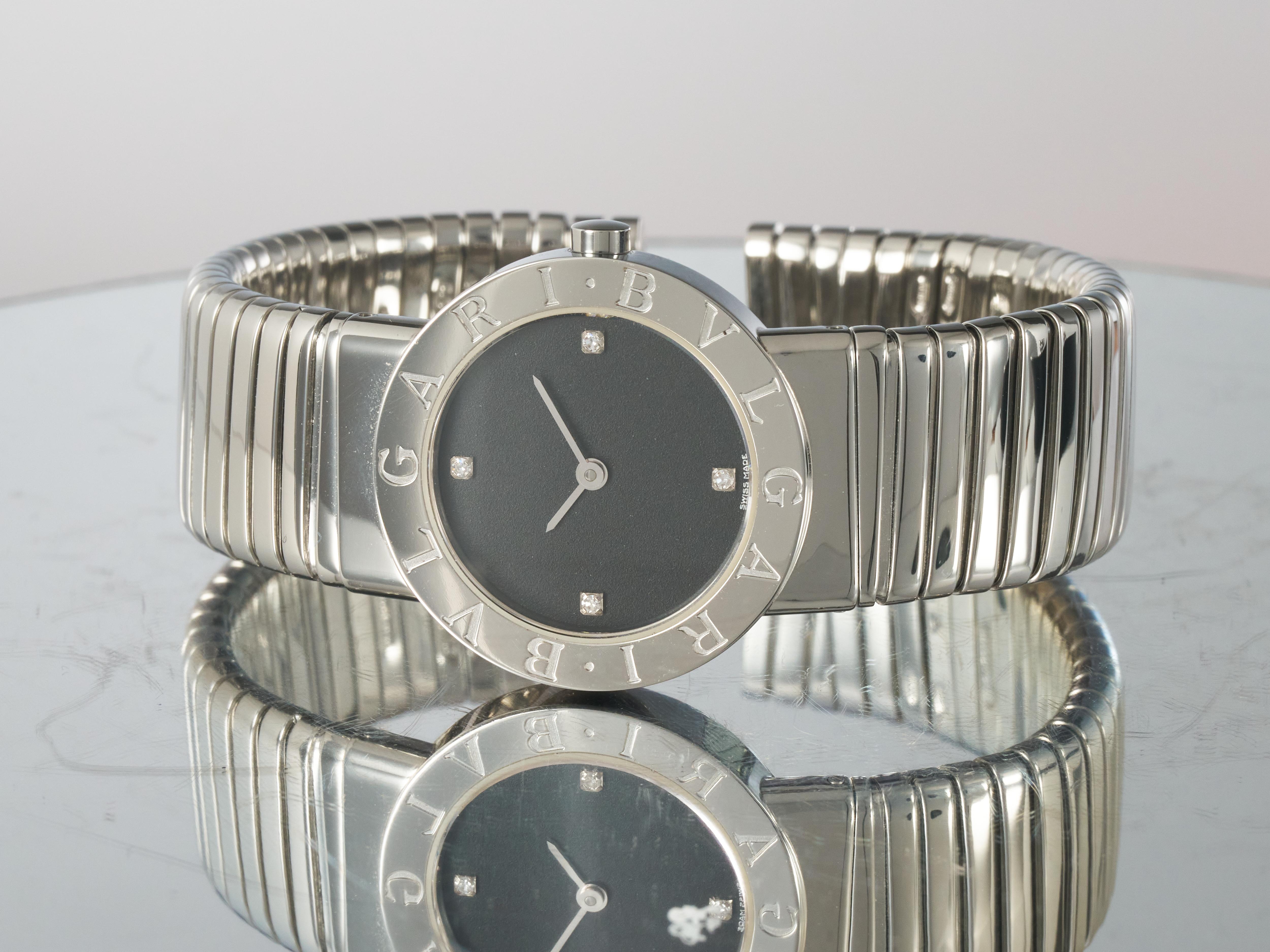 Bvlgari Ladies Watch Tubogas 26mm Black Diamond Dial Stainless Steel BB262TS For Sale 1