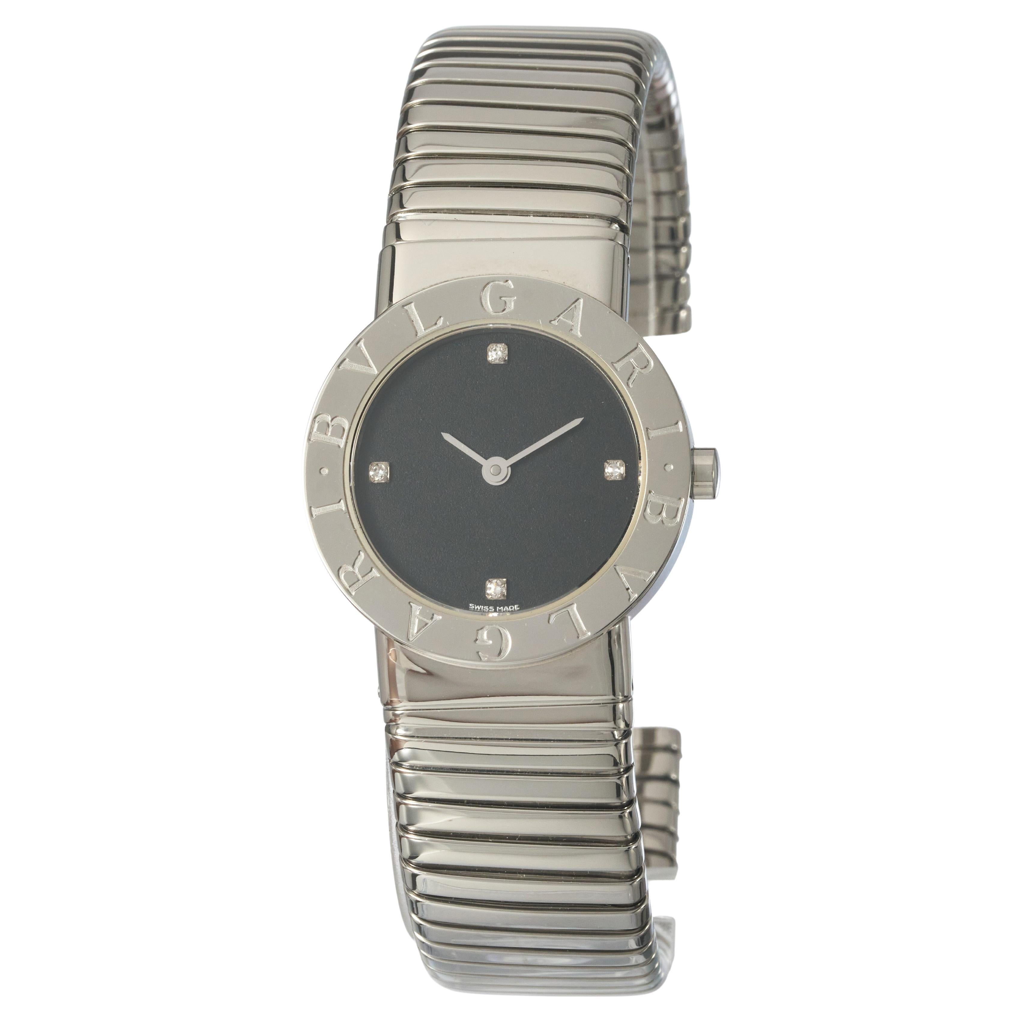 Bvlgari Montre Tubogas 26 mm avec cadran en acier inoxydable et diamants noirs BB262TS