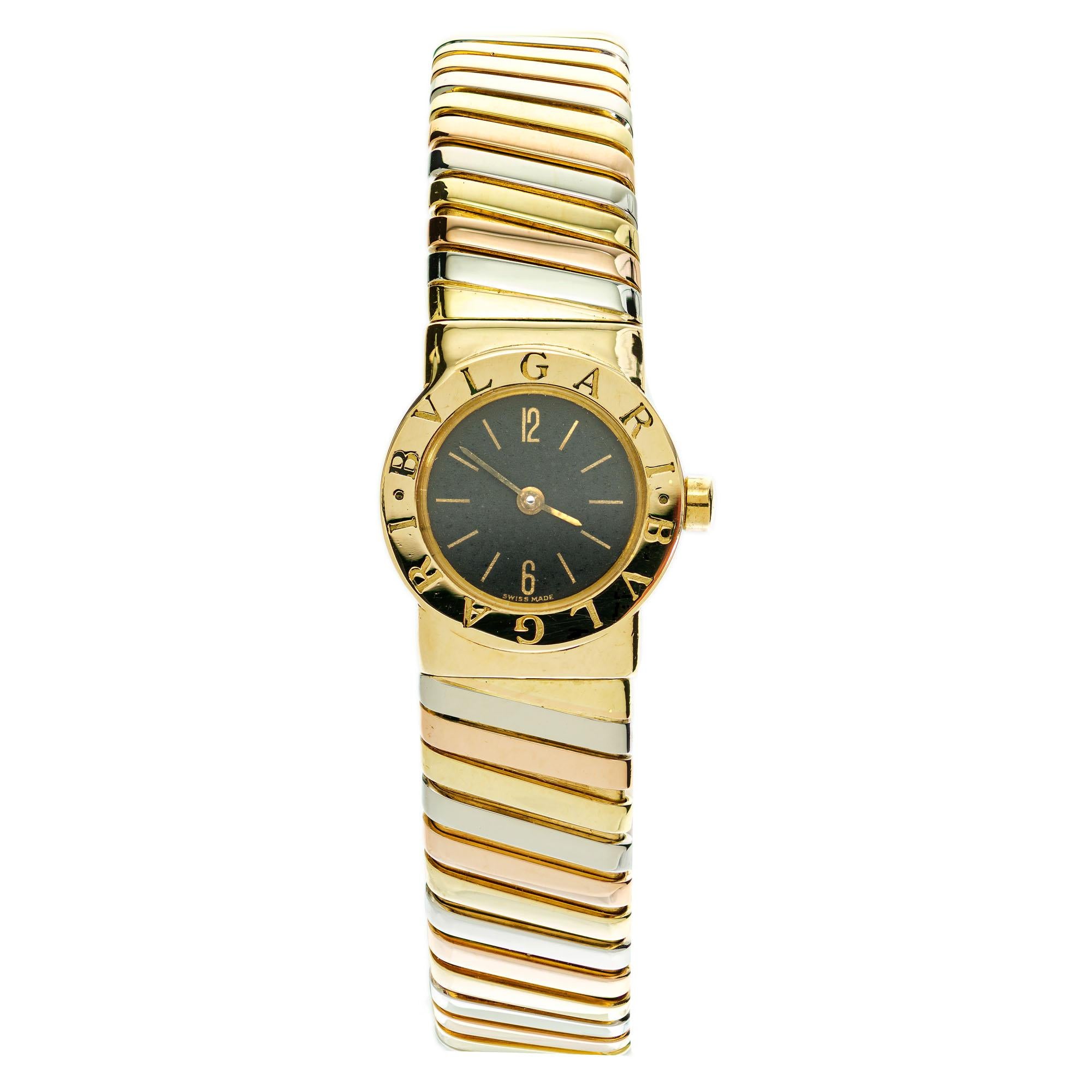 Bvlgari Ladies Thri-Color Gold Tubogas Wristwatch In Good Condition For Sale In Stamford, CT
