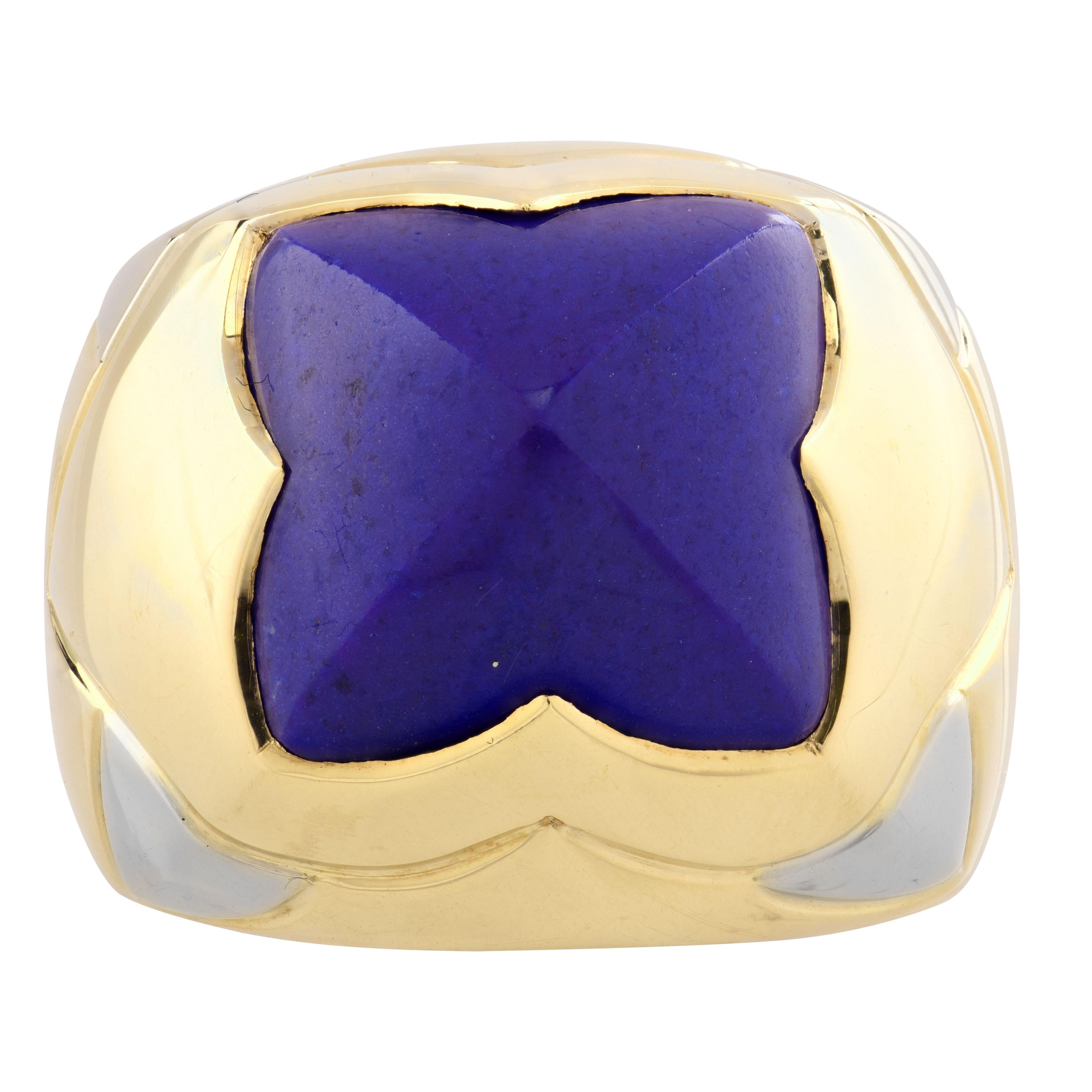 Cabochon Bvlgari Lapis 18K Two-Tone Gold Pyramid Collection Cocktail Ring For Sale