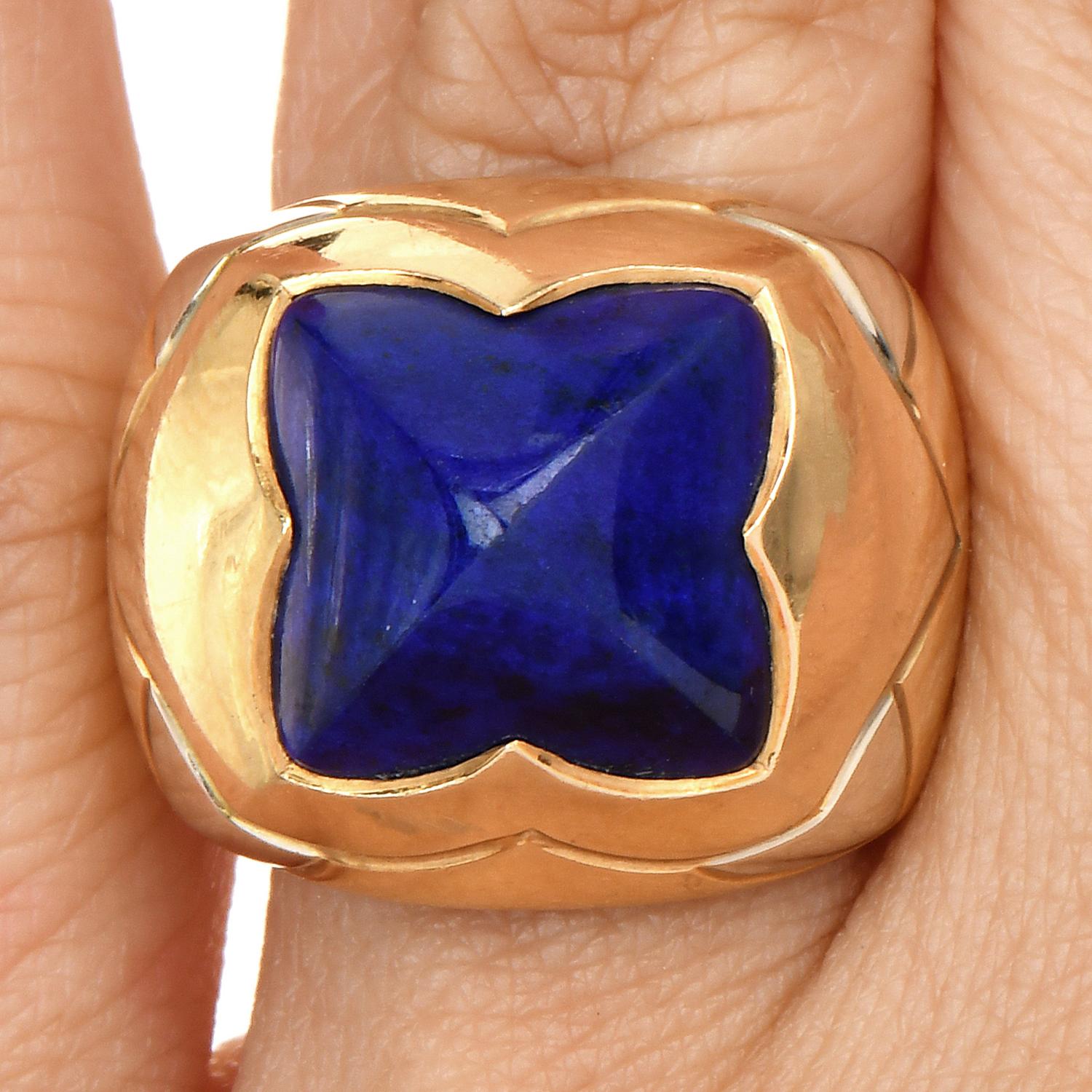 Sugarloaf Cabochon Bvlgari Lapis 18K Two-Tone Gold Pyramid Collection Cocktail Ring For Sale