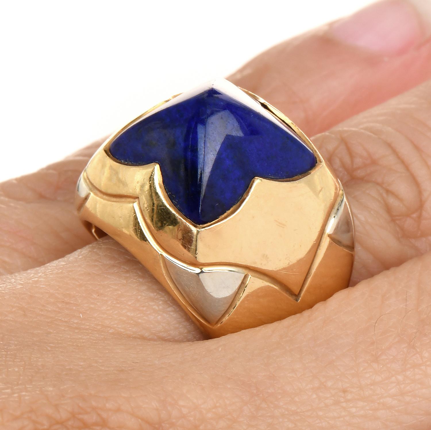Bvlgari Lapis 18K Two-Tone Gold Pyramid Collection Cocktail Ring In Excellent Condition For Sale In Miami, FL