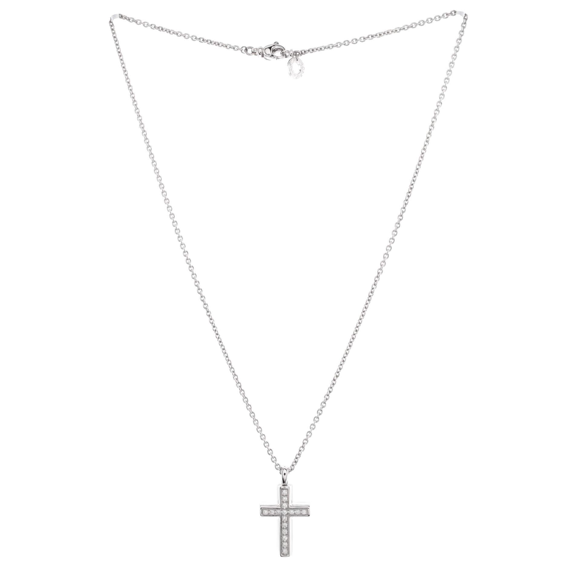 Bvlgari Latin Cross Necklace 18K White Gold and Diamonds In Good Condition For Sale In New York, NY