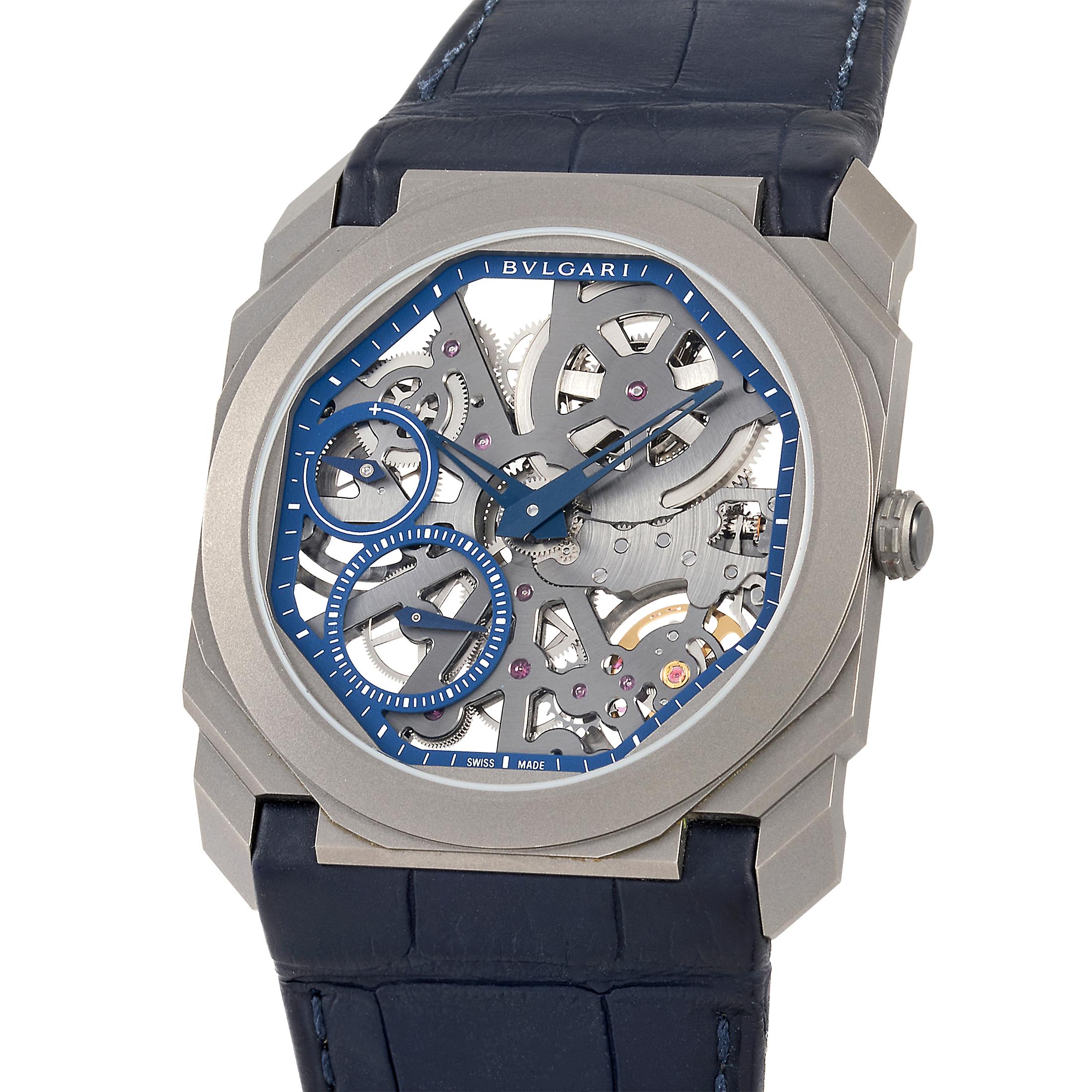 An interesting watch with an undeniable wrist presence. The Bvlgari Limited Edition Octo Finissimo Extra Thin Skeleton Watch 102941 is light, slim, versatile, and worth taking a look at. It features a sand-blasted titanium case with a sapphire front