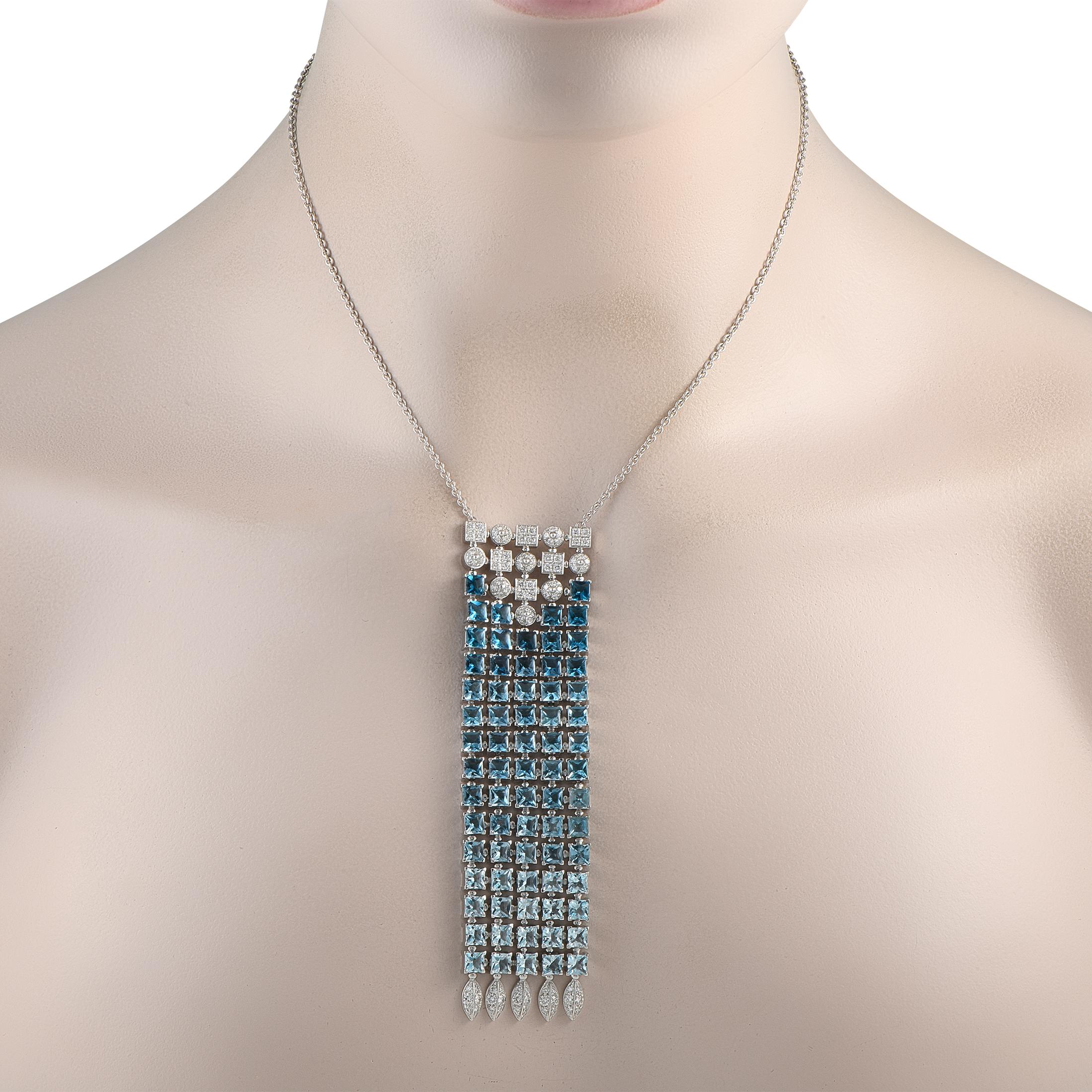 Blue Topaz gemstones with a total weight of 30.0 carats cascade down the center of this captivating Bvlgari Lucea necklace. A breathtaking showpiece that will continually make a statement, the pendant measures 4.0 long by 1.0 wide and also includes