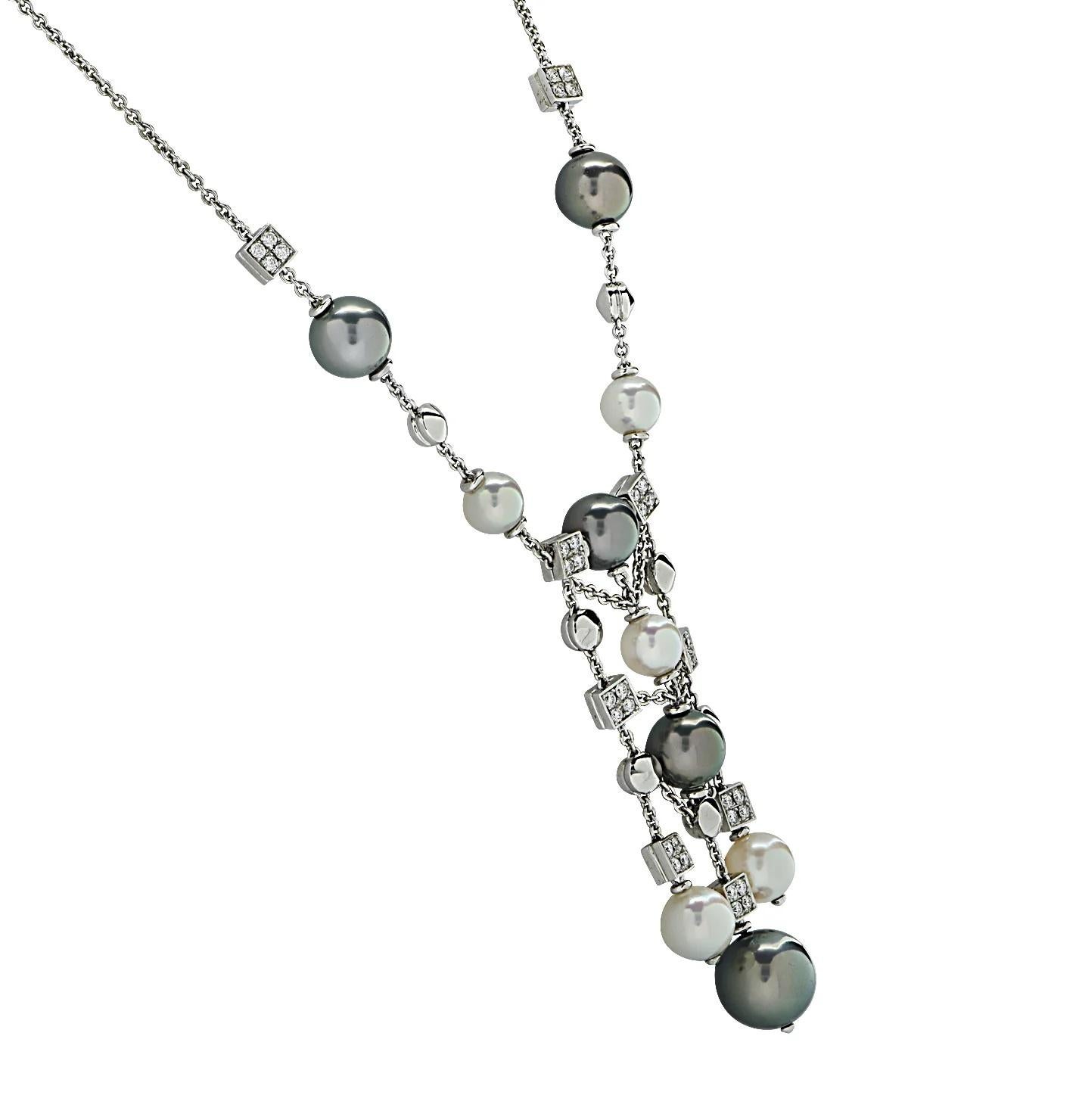 This Bvlgari necklace is from the Lucea collection and is indeed magnificent. Crafted in 18k white gold, it features a combination of dark grey and white pearls, as well as round brilliant cut diamonds.

The necklace showcases a total of six round