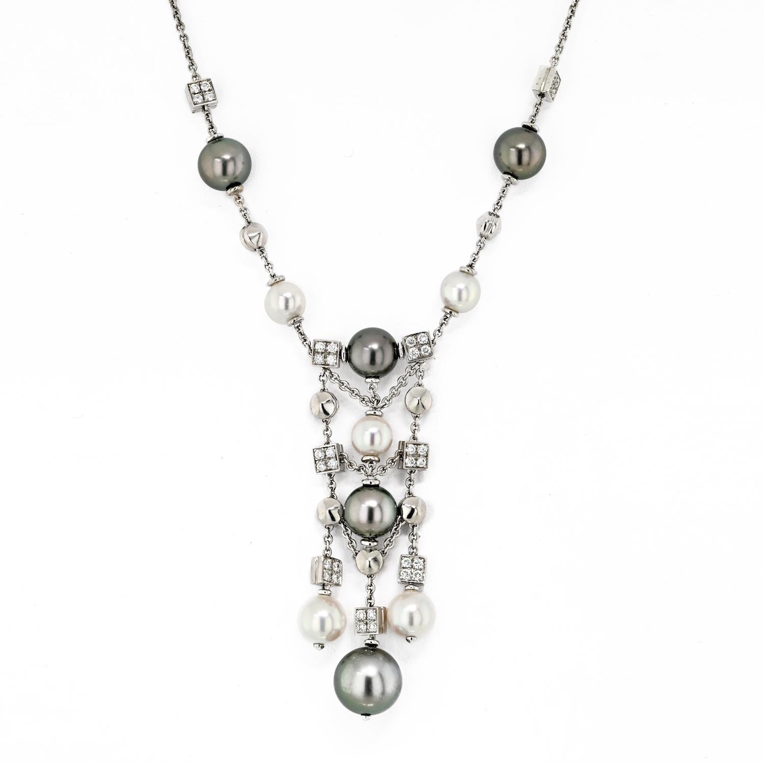 Bvlgari Lucea 18k White Gold Pearl and Diamond Necklace In Excellent Condition In New York, NY