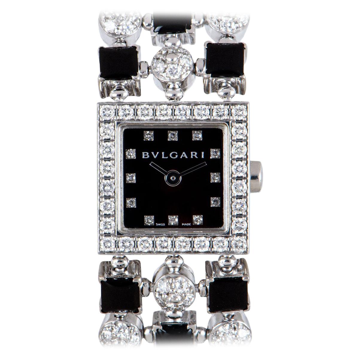 Bvlgari Lucea Ladies White Gold Black Dial Diamond & Onyx Set Watch B&P LUW16G