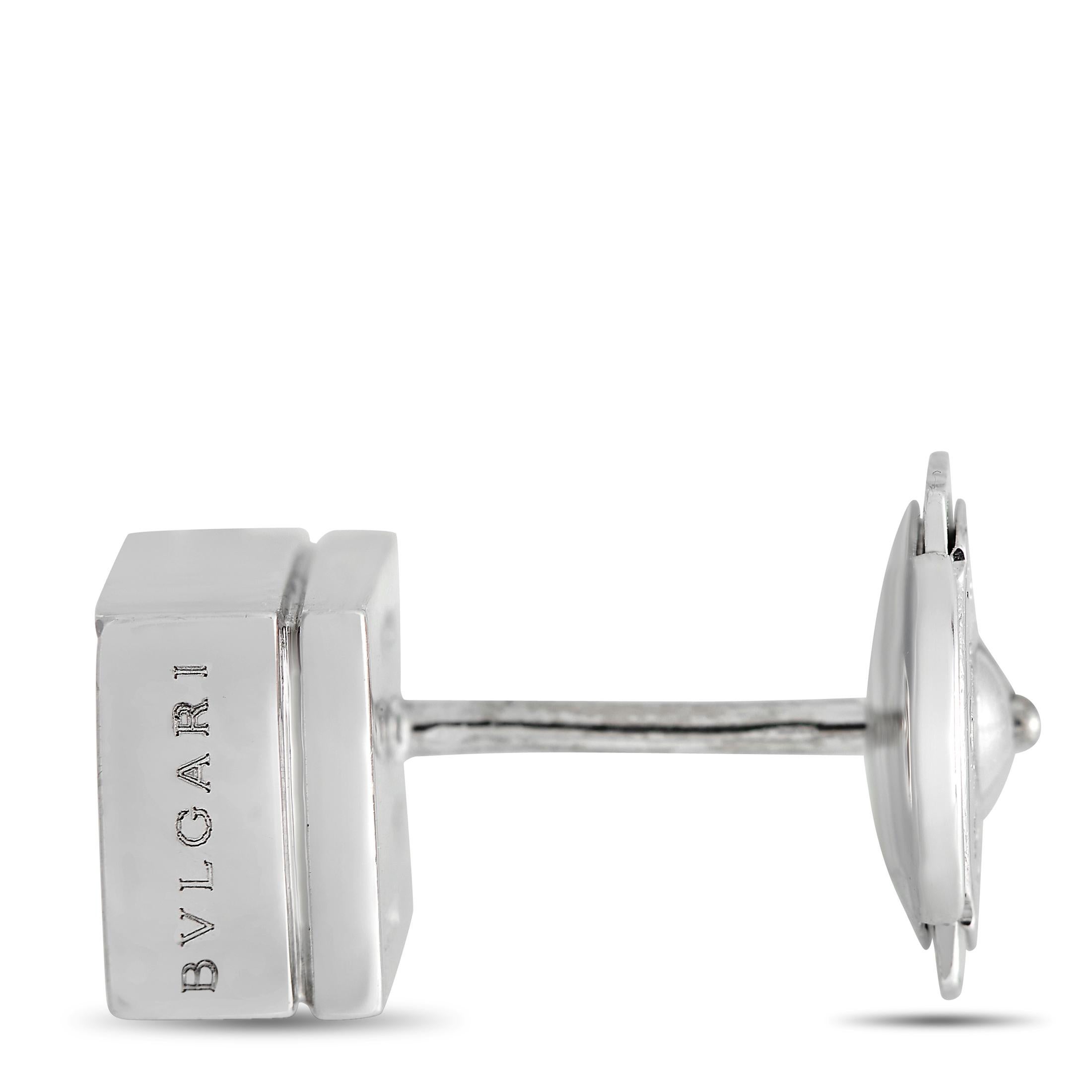 These shimmering Bvlgari Lucia stud earrings are ideal for everyday wear. Simple and understated in design, each one features a 18K White Gold setting measuring 0.25” square. Round-cut diamonds with a total weight of 0.40 carats bring these earrings