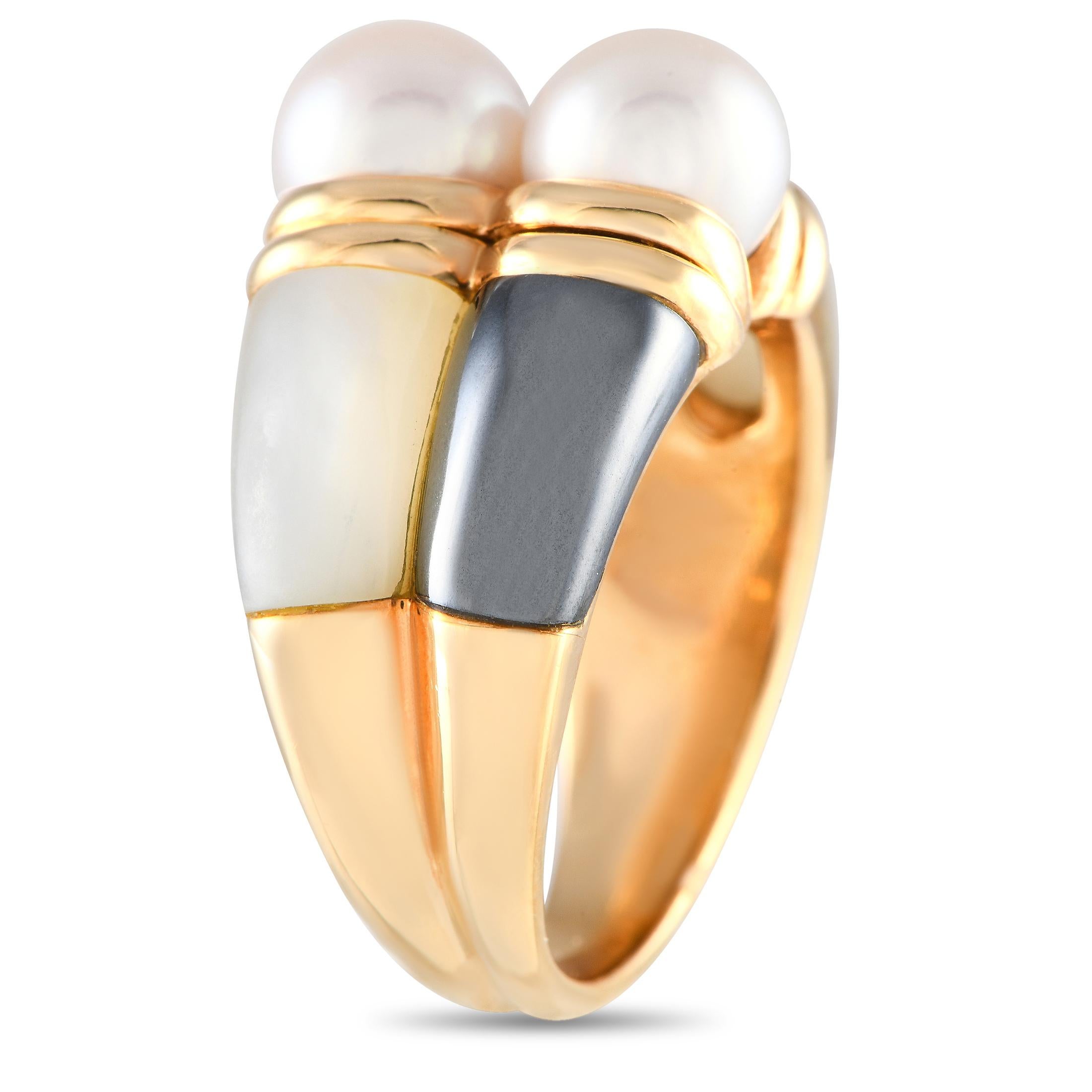 With the perfect combination of Italian craftsmanship and enduring elegance, this Bvlgari Lucia ring can elevate your style in an instant. The band has a subtle split ridged profile, with the shoulders adorned with hematite and mother-of-pearl. A