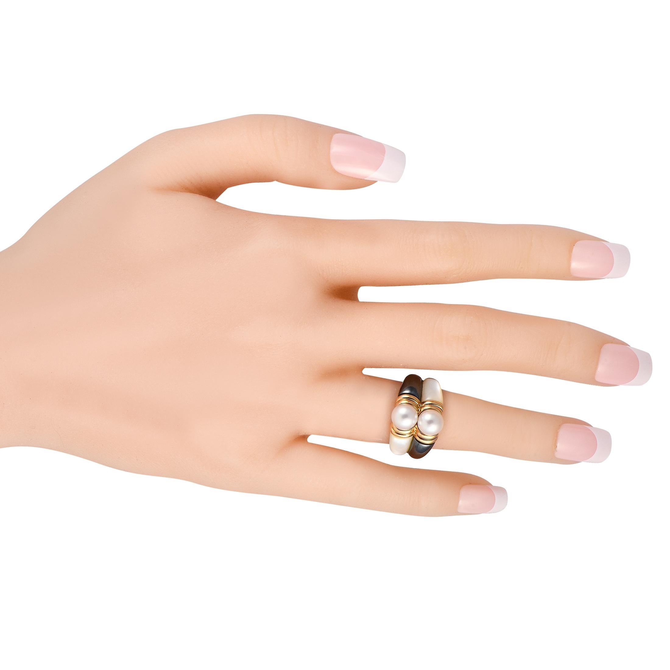 Mixed Cut Bvlgari Lucia 18K Yellow Gold Pearl, Hematite and Mother of Pearl Ring