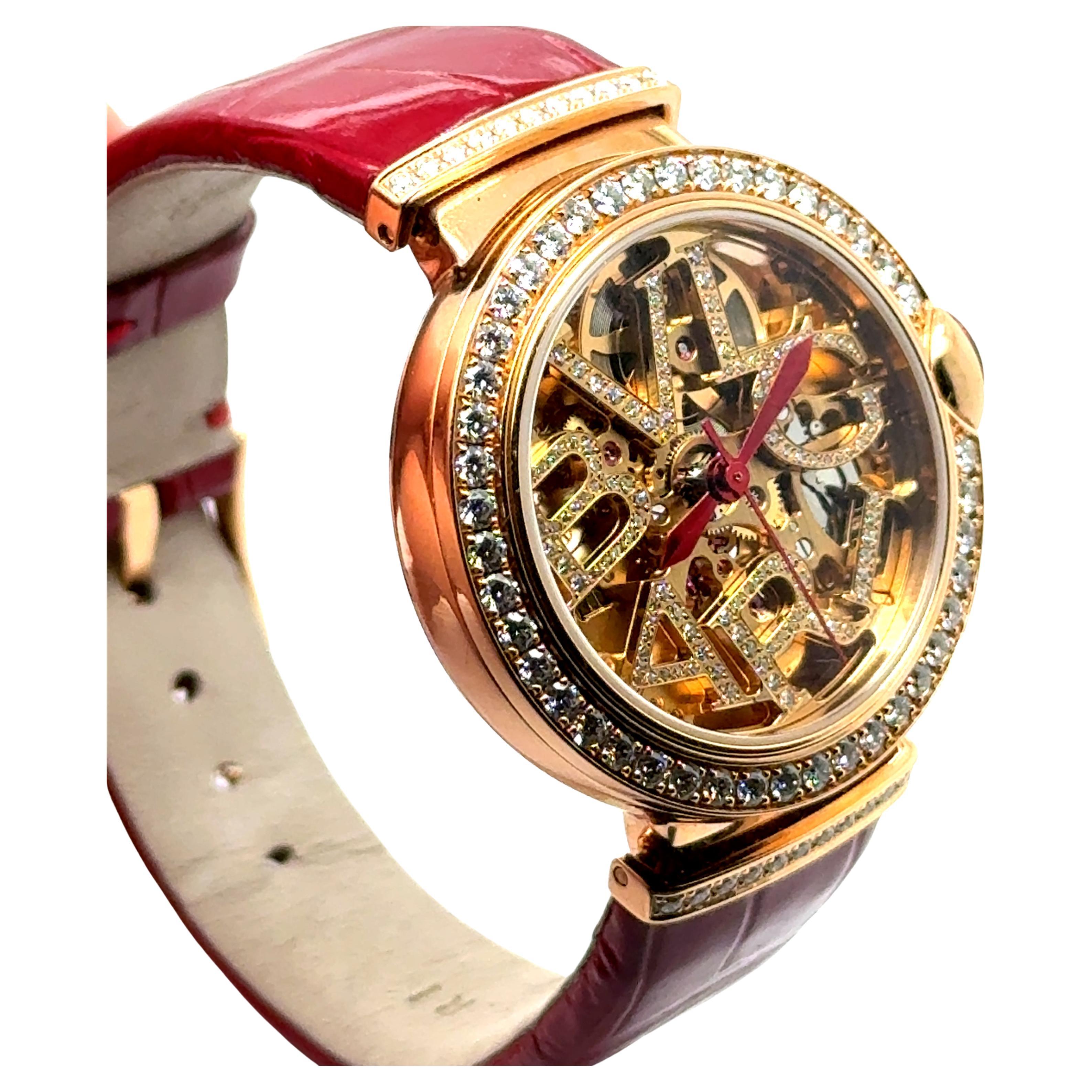 Inspired by modern architecture, the Bvlgari LVCEA watch celebrates radiant femininity with a rose gold case featuring a pink gold, diamond-set bezel. As a first, the delicately skeletonized dial presents the diamond-set, rose gold letters of the