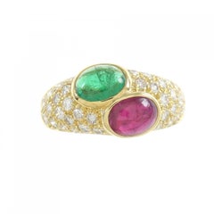 Bvlgari Made in France 18k Yellow Gold, Diamond, Cabochon Emerald & Ruby Ring