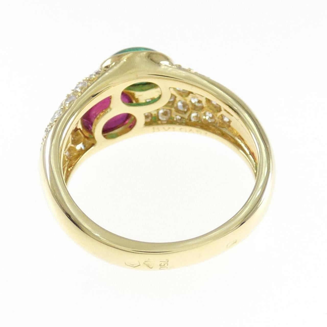 Round Cut Bvlgari Made in France 18k Yellow Gold, Diamond, Cabochon Emerald & Ruby Ring