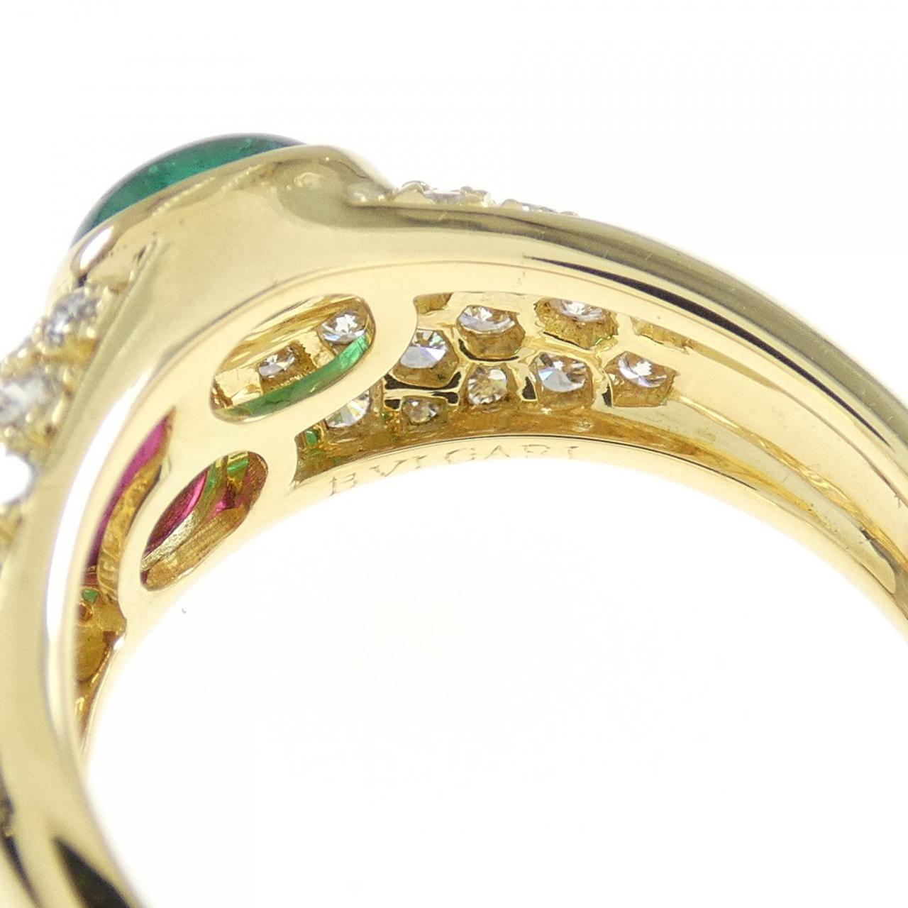 Bvlgari Made in France 18k Yellow Gold, Diamond, Cabochon Emerald & Ruby Ring In Excellent Condition In Beverly Hills, CA