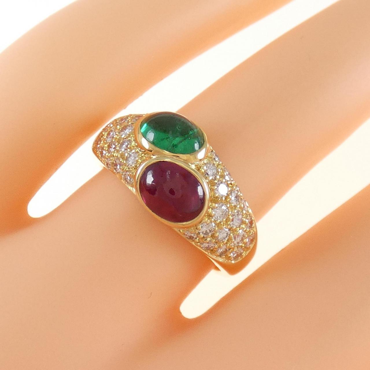 Women's or Men's Bvlgari Made in France 18k Yellow Gold, Diamond, Cabochon Emerald & Ruby Ring