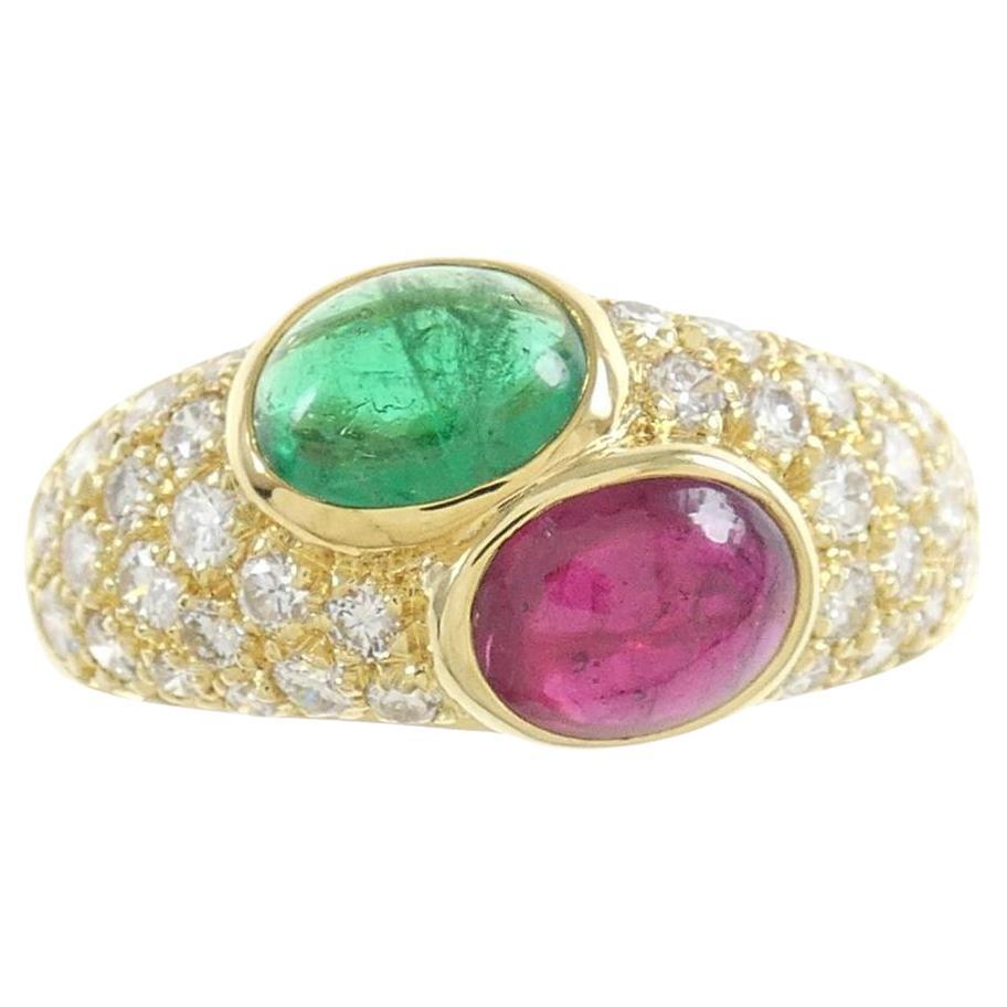 Bvlgari Made in France 18k Yellow Gold, Diamond, Cabochon Emerald & Ruby Ring