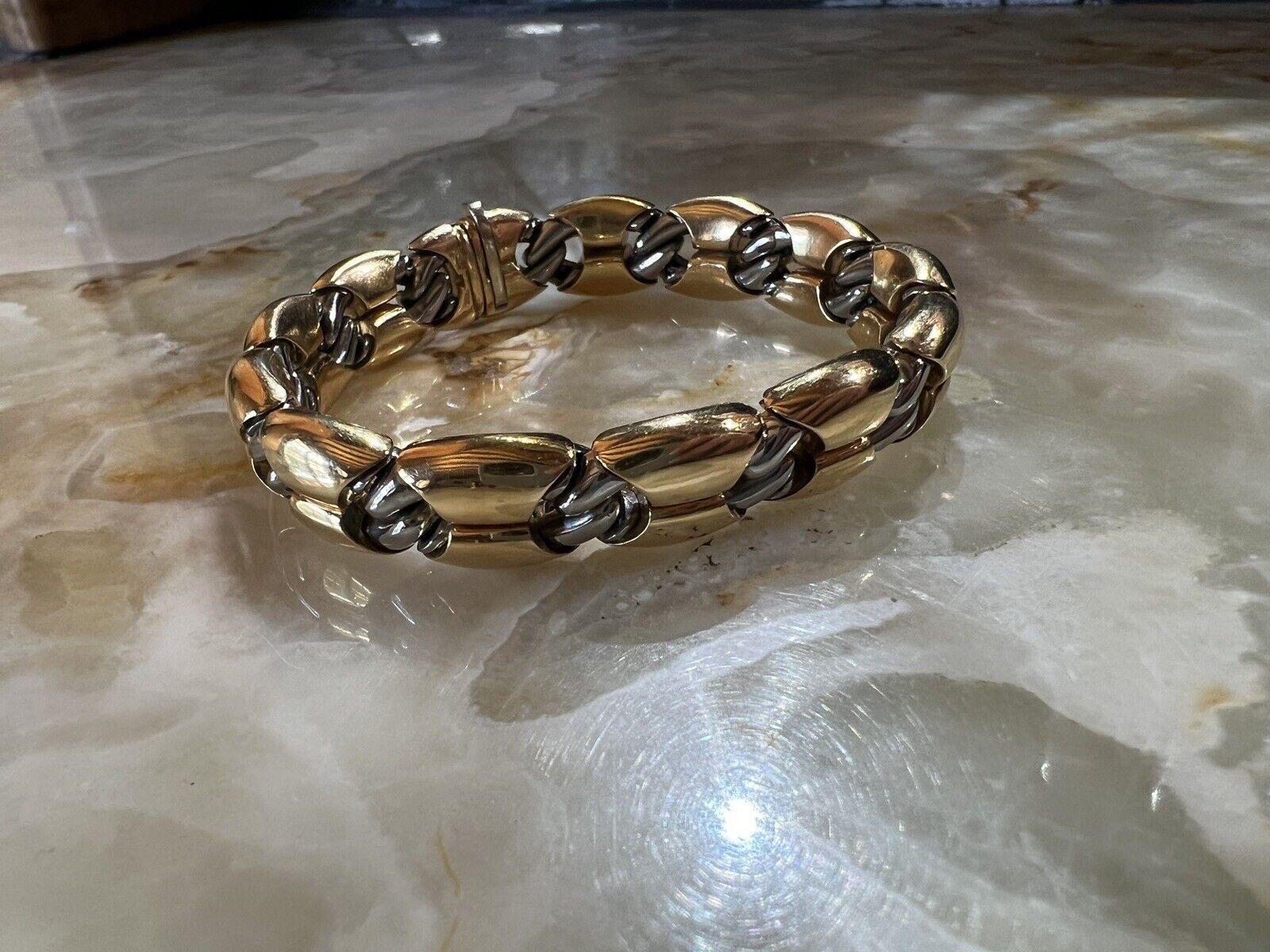 BVLGARI Made in France 18k Yellow Gold & Stainless Steel Bracelet Circa 1980s In Excellent Condition For Sale In Beverly Hills, CA