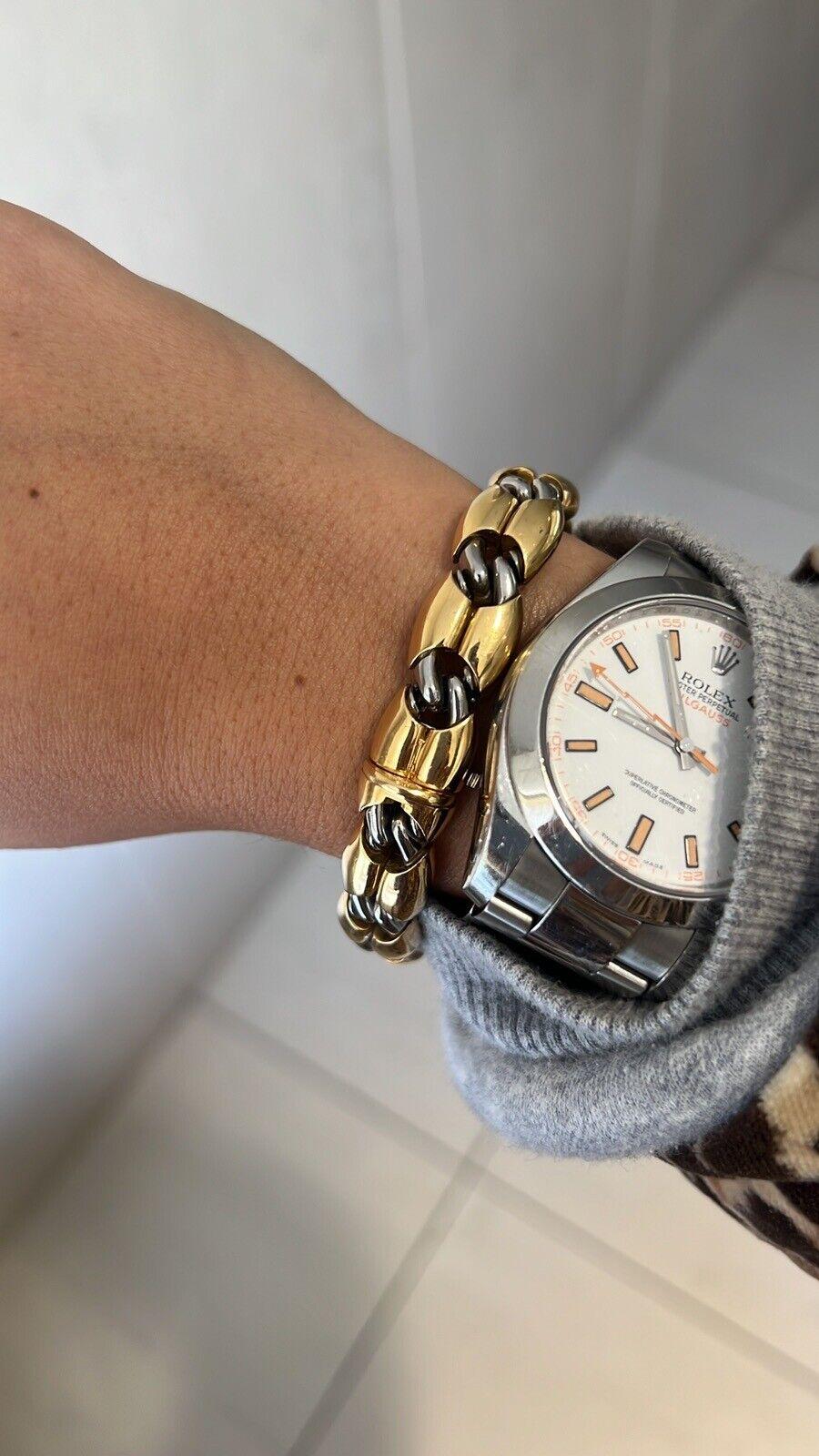 BVLGARI Made in France 18k Yellow Gold & Stainless Steel Bracelet Circa 1980s For Sale 4