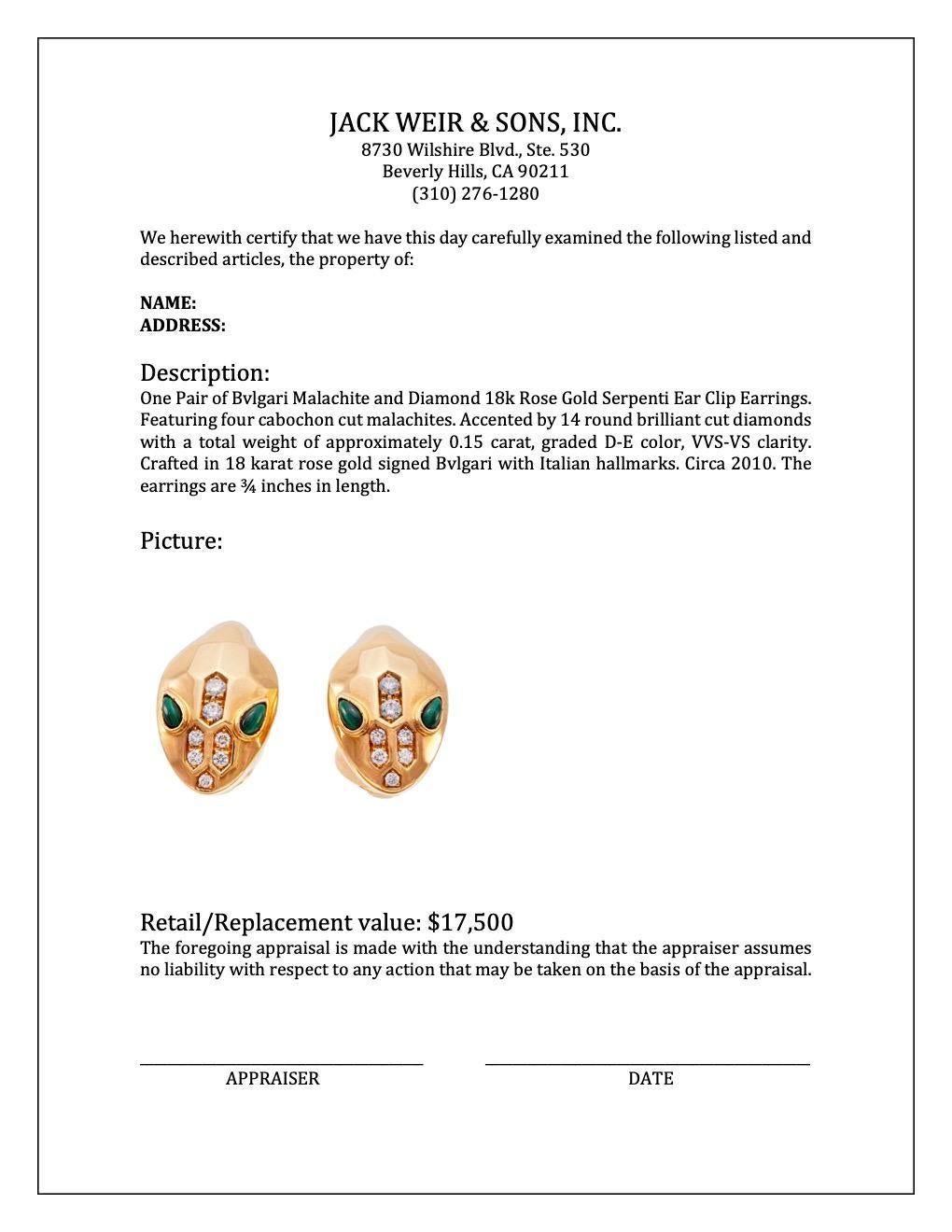 Cabochon Bvlgari Malachite and Dimond 18k Rose Gold Serpenti Ear Clip Earrings