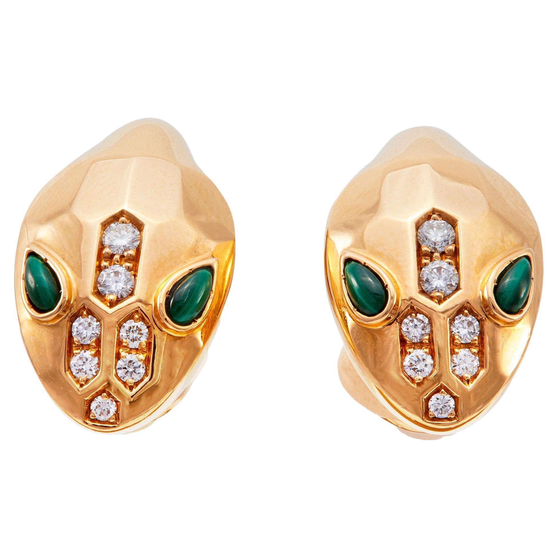 Bvlgari Malachite and Dimond 18k Rose Gold Serpenti Ear Clip Earrings