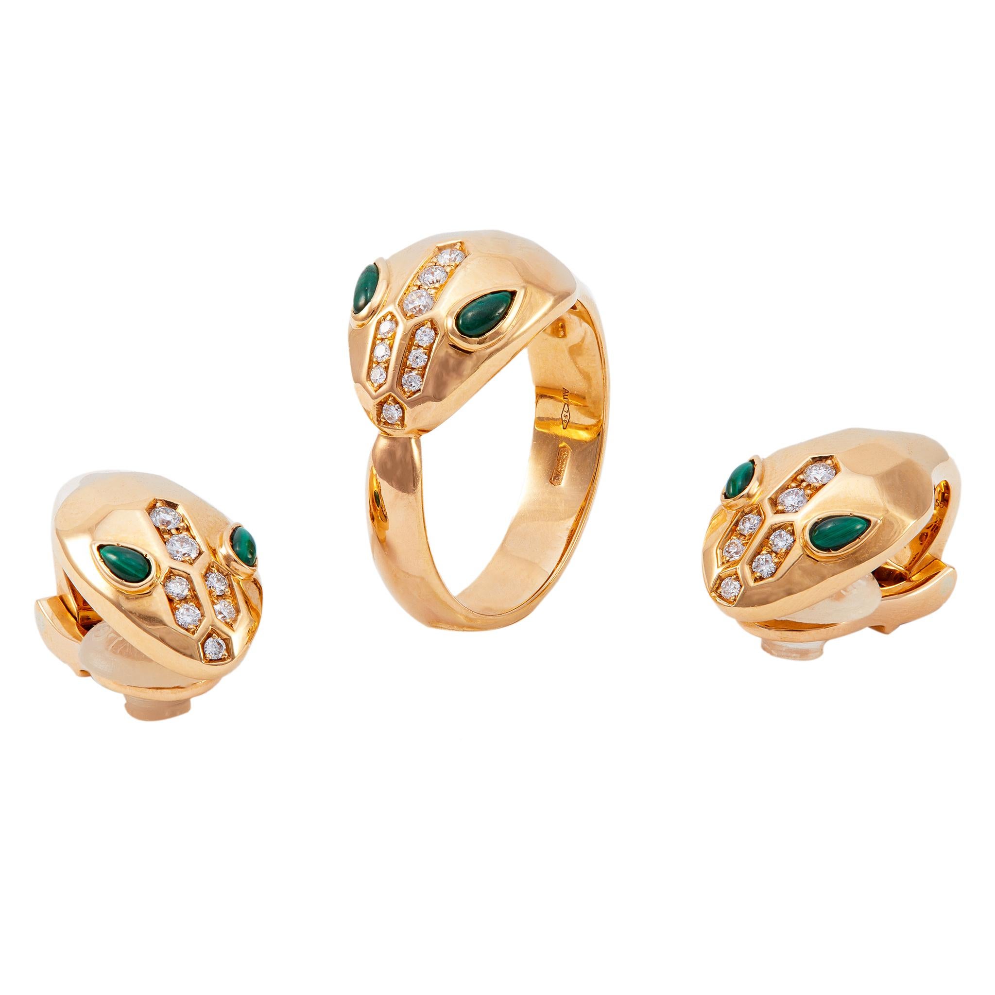 Bvlgari Serpenti-Ring aus 18 Karat Roségold mit Malachit und Diamanten für Damen oder Herren