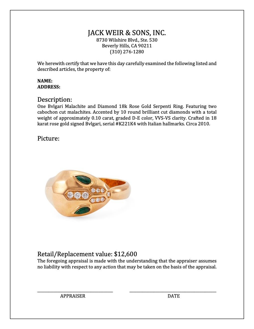 Bvlgari Serpenti-Ring aus 18 Karat Roségold mit Malachit und Diamanten 1
