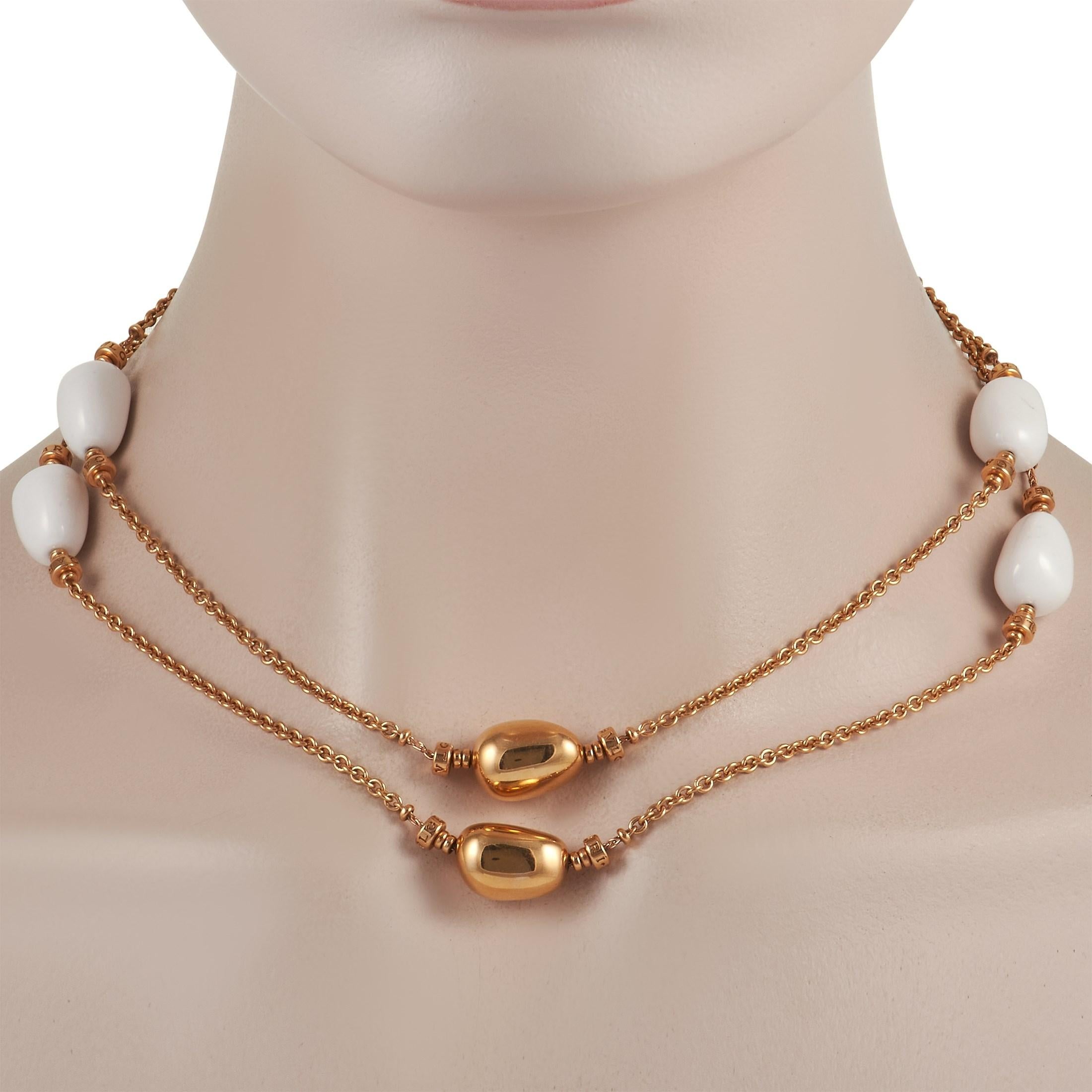 Measuring 34” long, this dramatic Bvlgari Mediterranean Eden necklace is poised to put the perfect finishing touch on any outfit. Along this sophisticated piece, you’ll find smooth White Agate accents contrasting beautifully against the opulent 18K