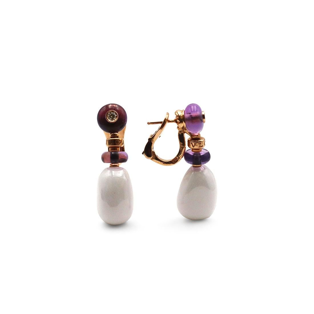 Bvlgari 'Mediterranean Eden Sassi' Rose Gold Ceramic Amethyst and Diamond Earrin In Excellent Condition In New York, NY