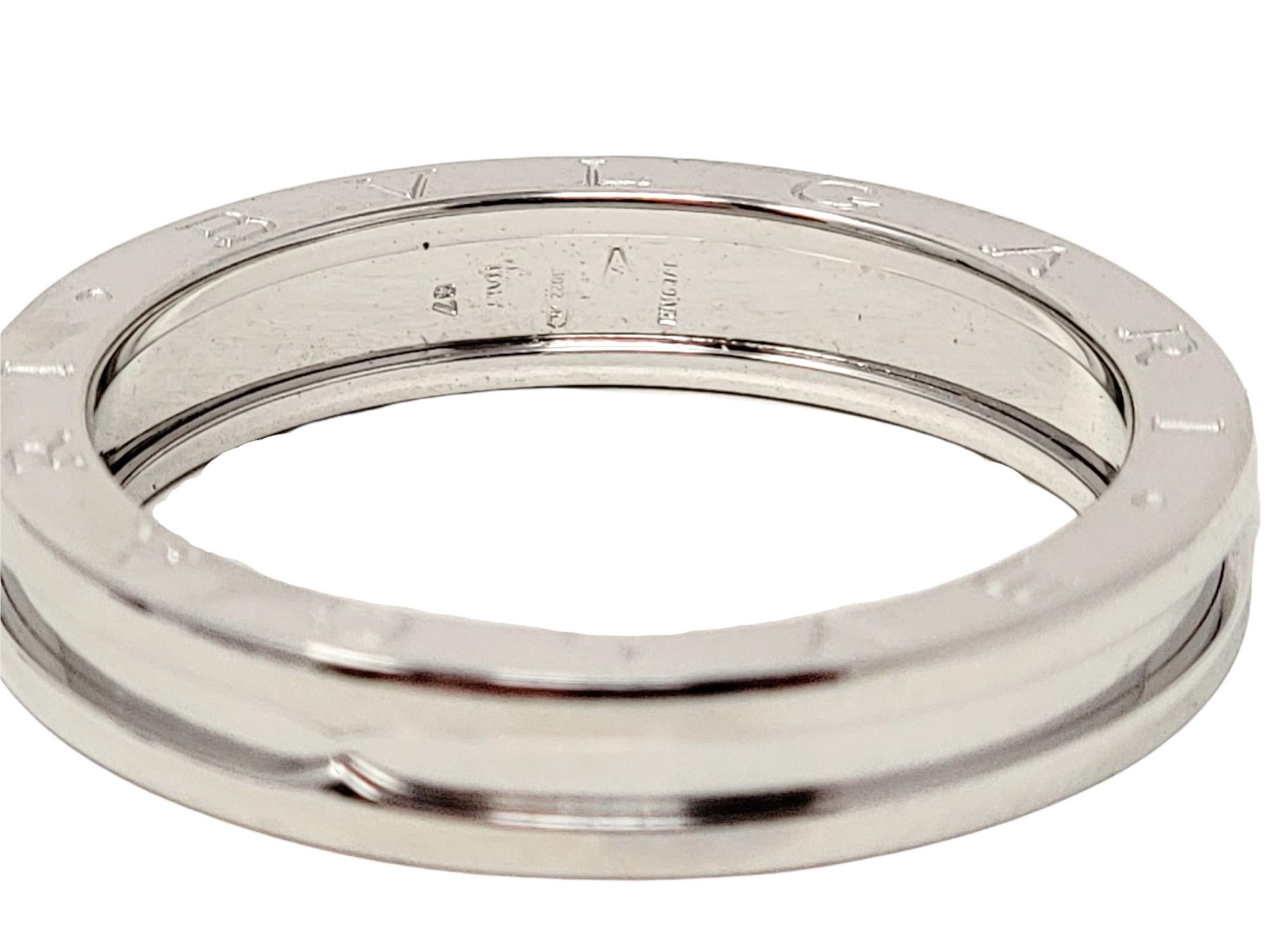 Contemporary Bvlgari Mens B.Zero1 Logo Etched Band Ring in 18 Karat White Gold