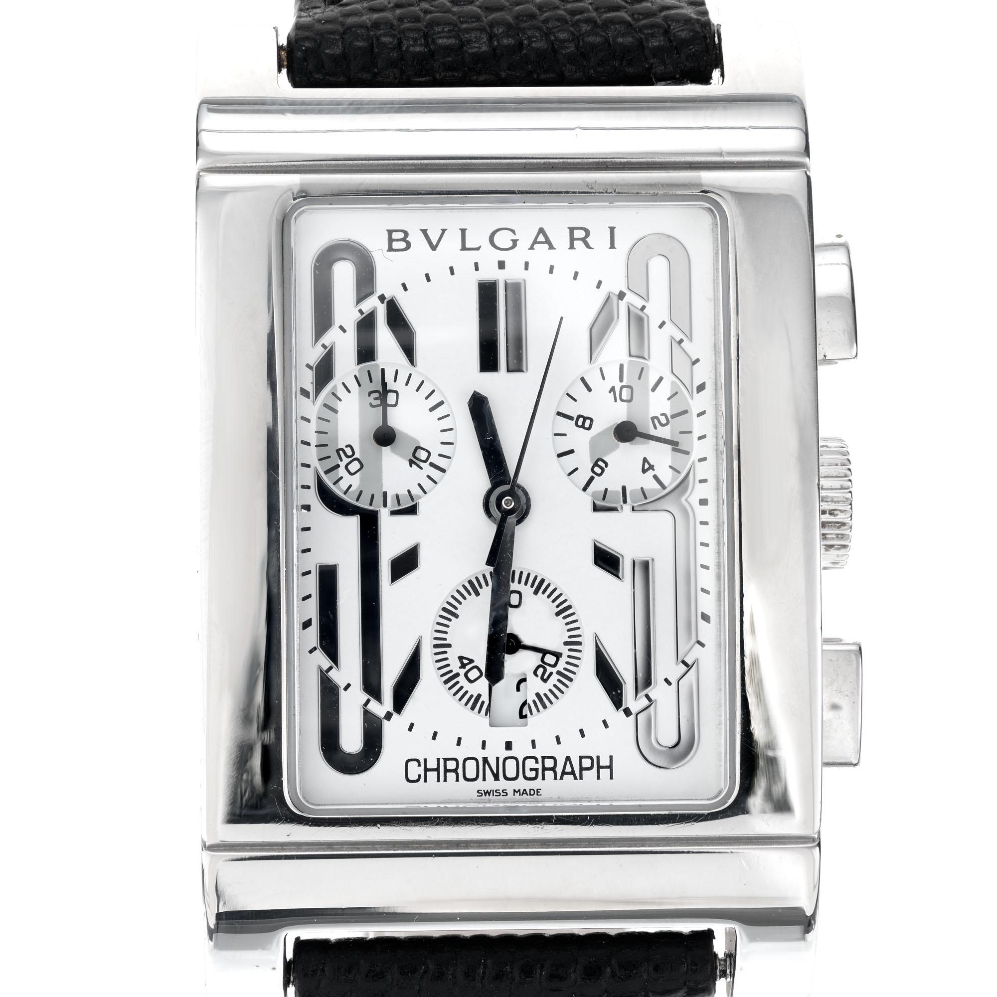 Men's Bvlgari Rettangolo Chronograph Wristwatch. White dial, new strap and new battery. 

Case length: 47.60mm
Width: 29.52mm
Band width at case: 20mm
Case thickness: 9.87mm
Band: Genuine leather
Crystal: Sapphire
Dial: White
Outside case: R+C 495