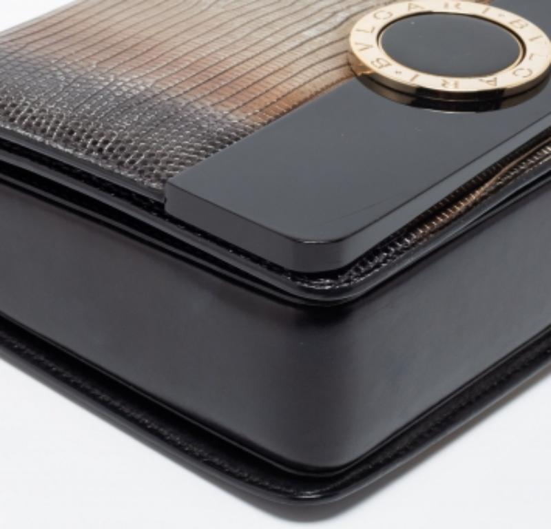 Gris Bvlgari Metallic/Black Lizard Perspex and Leather Small Flap Cover Shoulder Bag en vente
