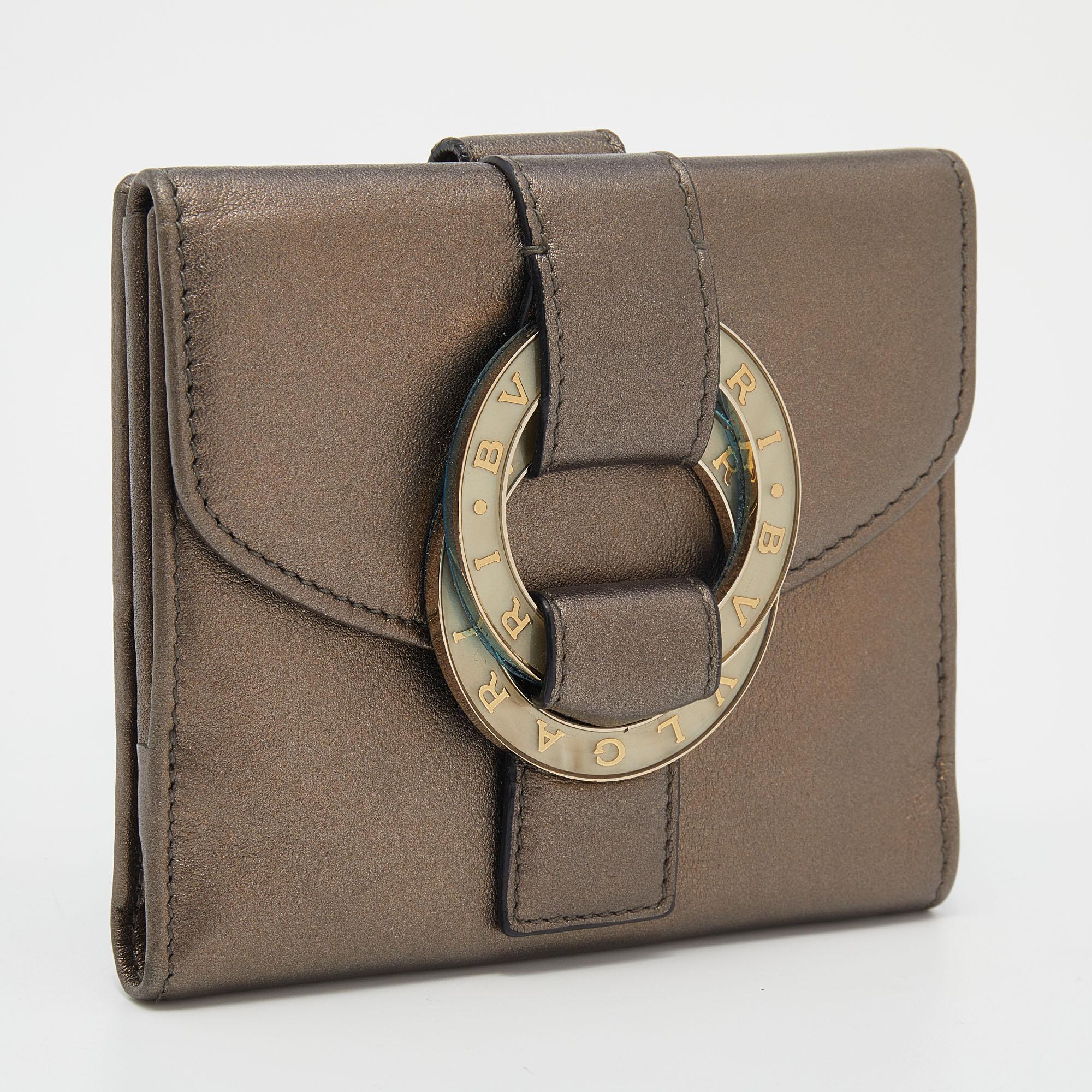 Gray Bvlgari Metallic Brown Leather Double Ring Flap Compact Wallet