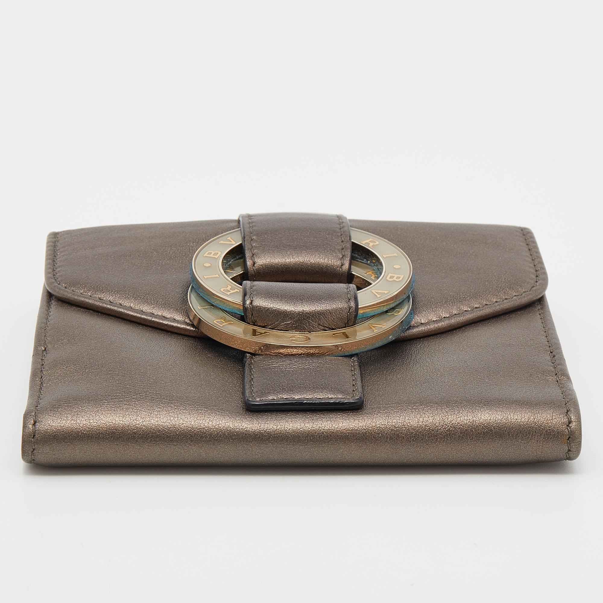 Bvlgari Metallic Brown Leather Double Ring Flap Compact Wallet In Good Condition In Dubai, Al Qouz 2