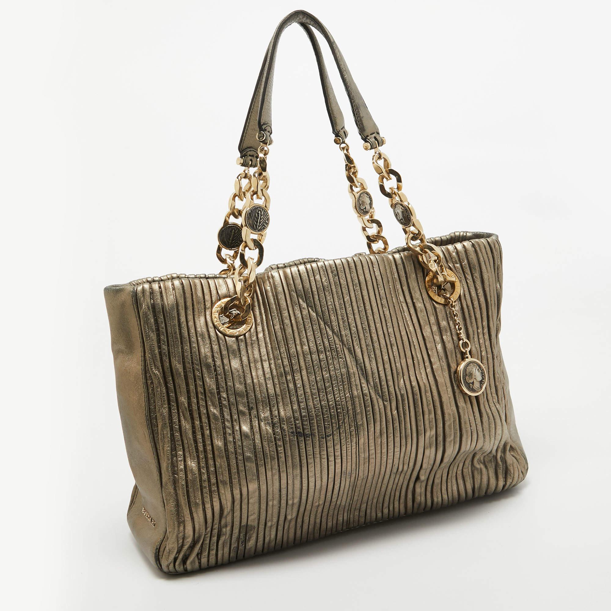 Brown Bvlgari Metallic Leather Monte Plisse Shopper Tote
