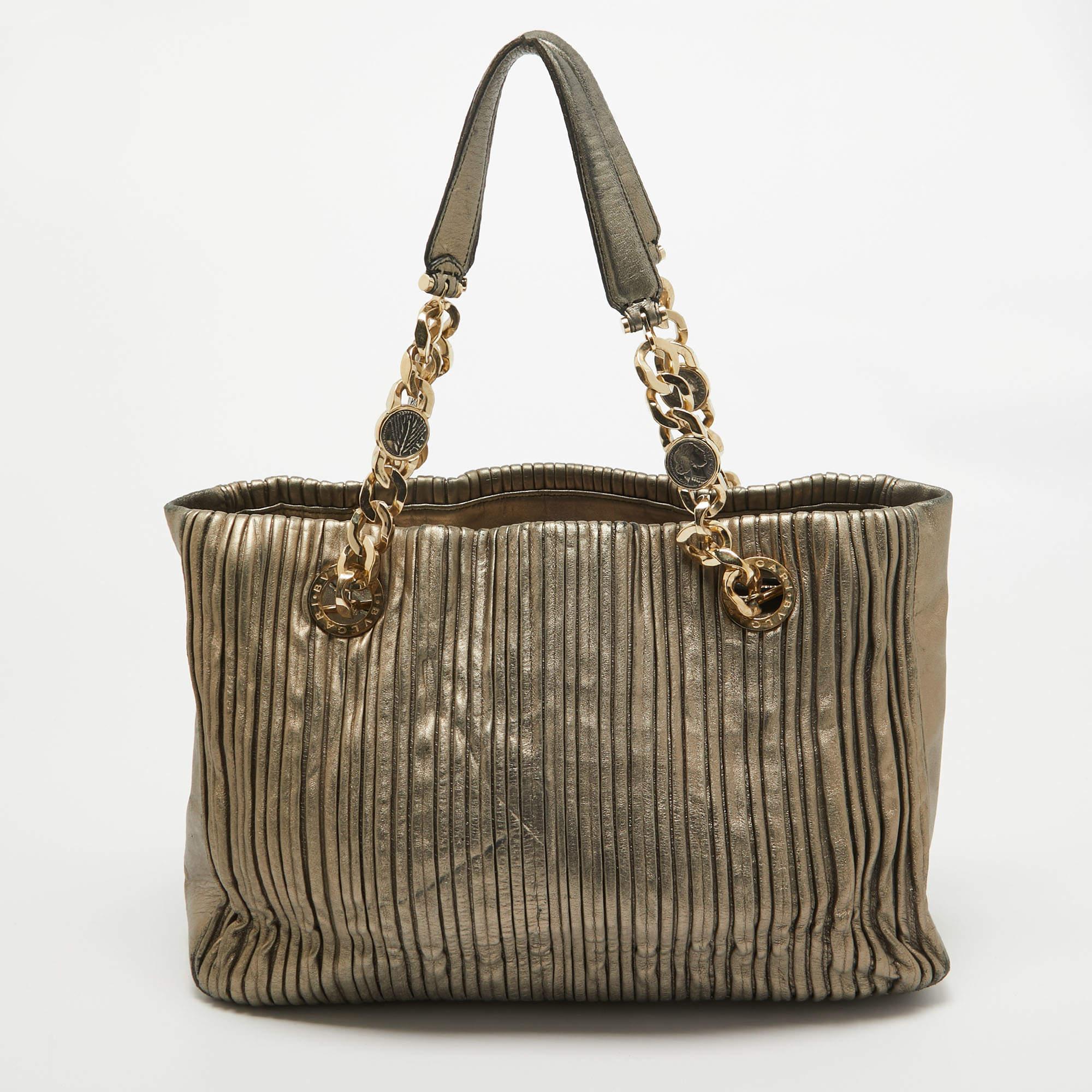 Bvlgari Metallic Leather Monte Plisse Shopper Tote In Fair Condition In Dubai, Al Qouz 2