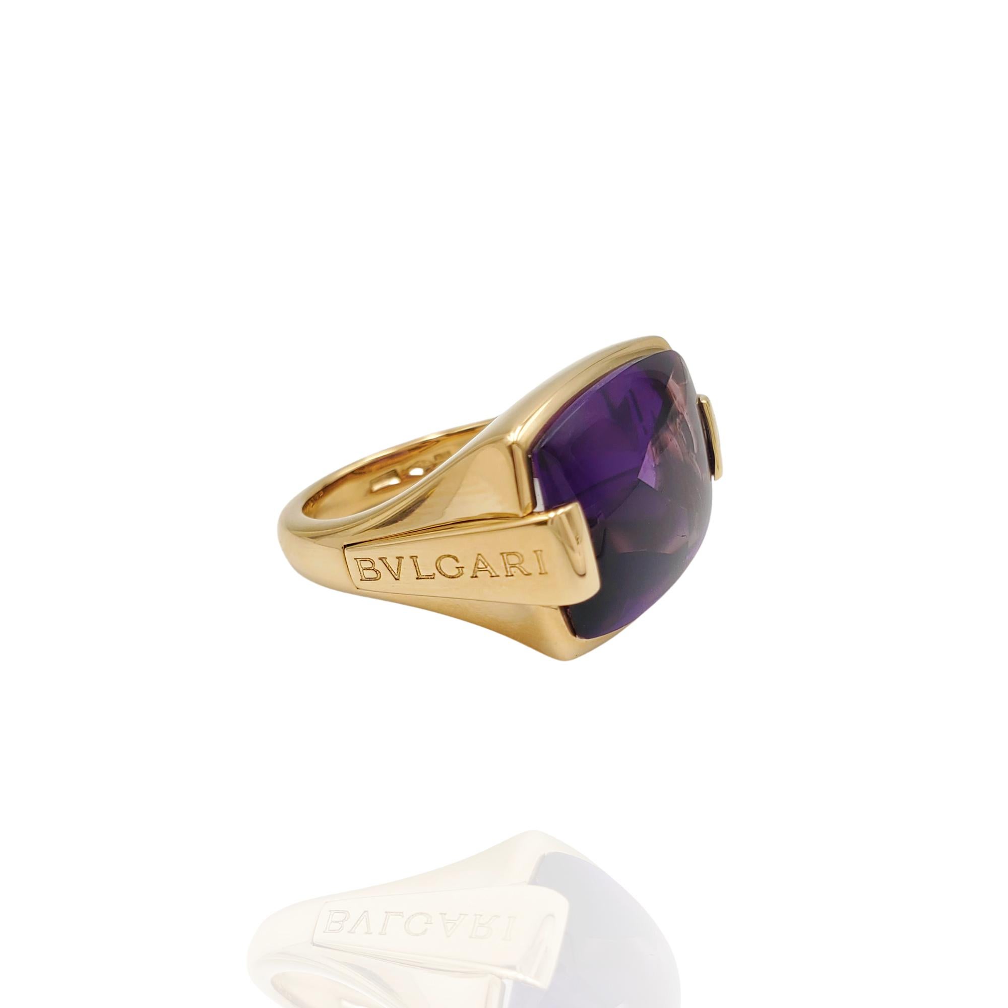 Authentic Bvlgari 'Metropolis' ring crafted in 18 karat yellow gold and centering on a faceted amethyst measuring approximately 15.6mm x 12.5mm.  US size 5.  Signed Bvlgari, Made in Italy, with hallmarks.  Ring is not presented with box or papers. 