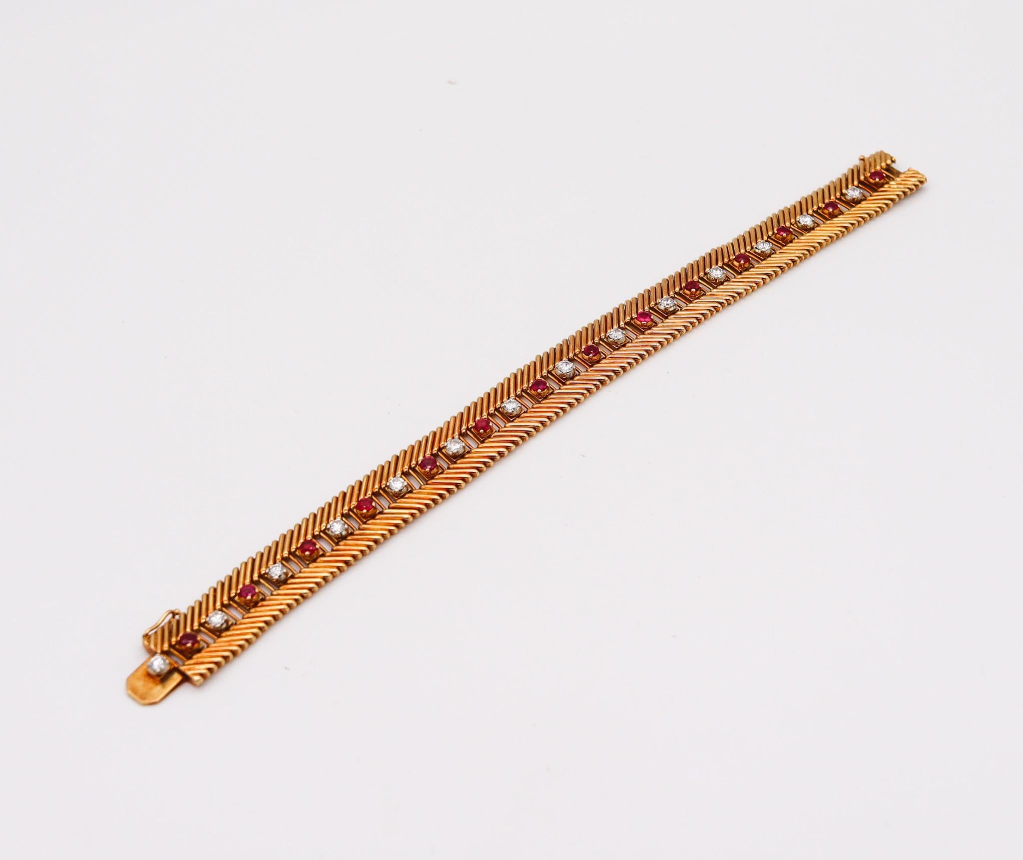 Modernist Bvlgari Milano 1950 Bracelet in 18kt Gold with 5.42ctw in Rubies and Diamonds For Sale
