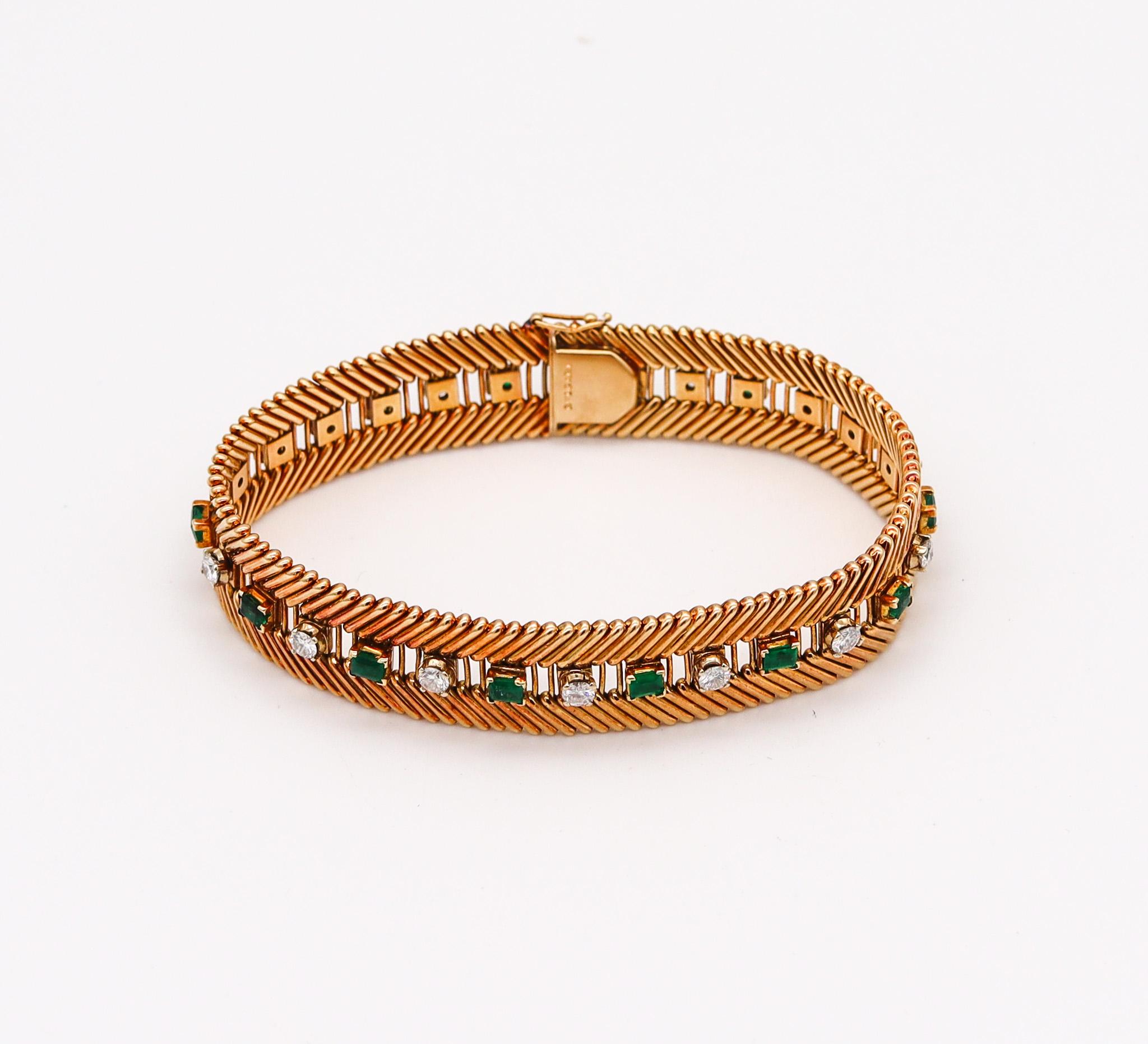 Modernist Bvlgari Milano 1950 Bracelet in 18k Gold with 5.88ctw in Emerald and Diamonds For Sale