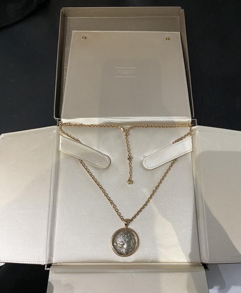 Women's or Men's Bvlgari Monete 18K Rose Gold Ancient Coin Pendant Chain Necklace For Sale
