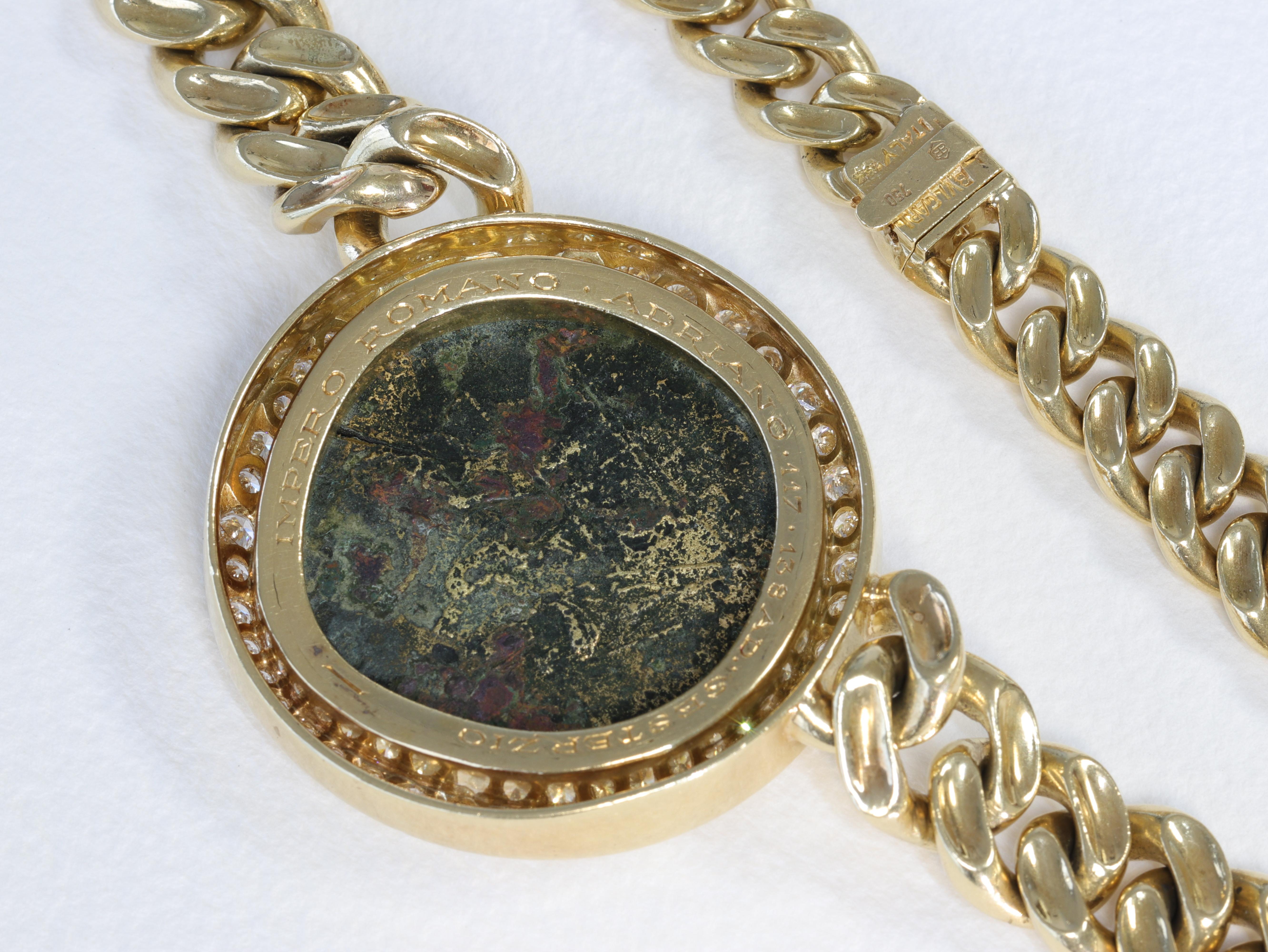 Round Cut Bulgari Monete Diamond & Ancient Roman Coin of Emperor Hadrian Necklace in 18k For Sale