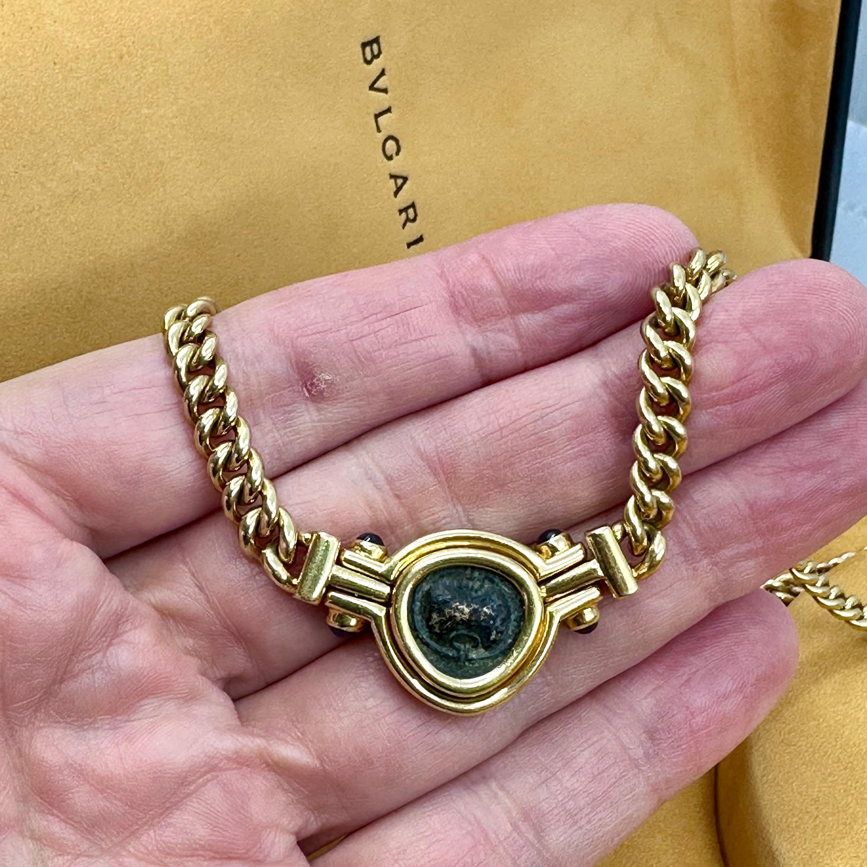 Bvlgari Monete Gold Ancient Coin and Blue Sapphire Necklace In Good Condition For Sale In Beverly Hills, CA