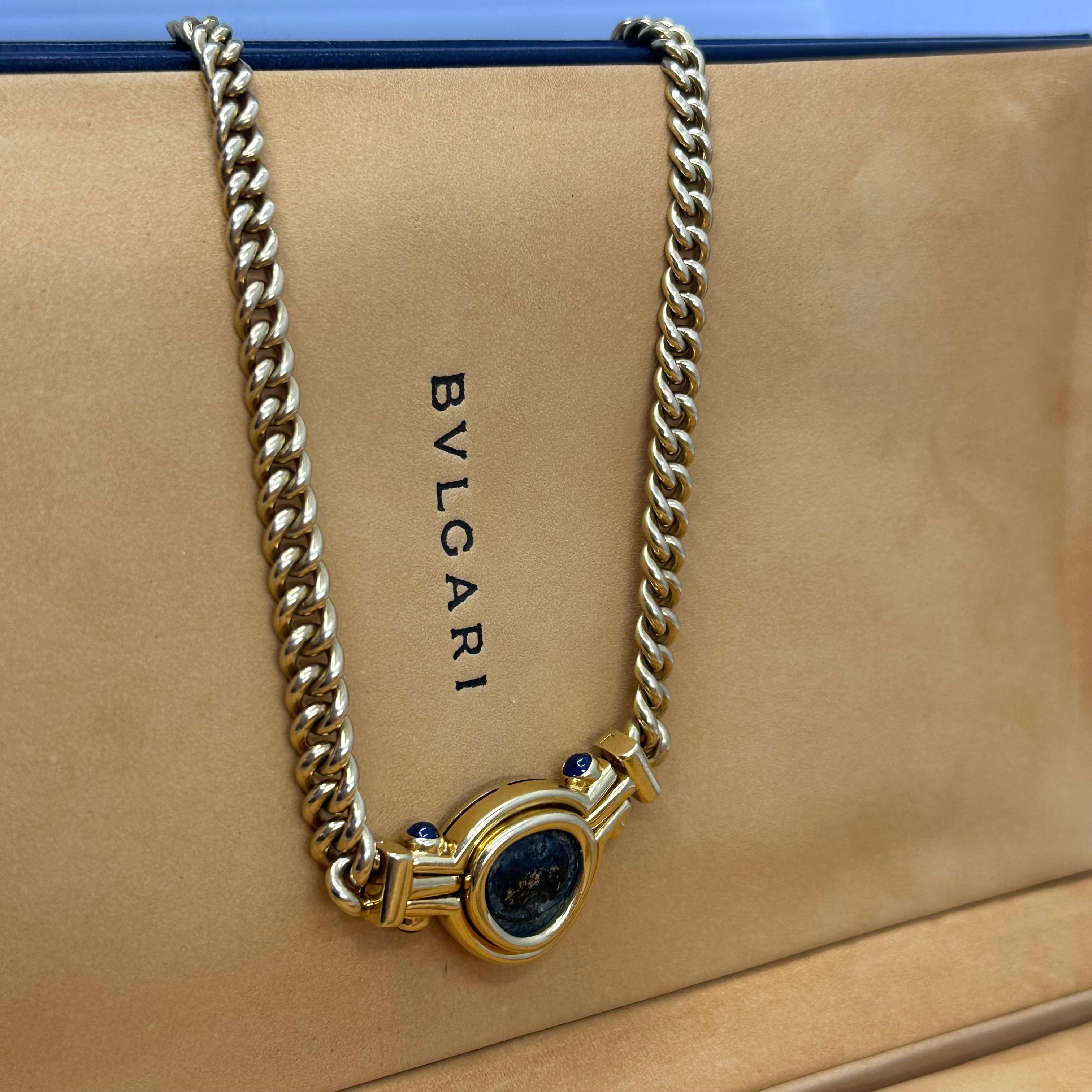 Women's or Men's Bvlgari Monete Gold Ancient Coin and Blue Sapphire Necklace For Sale