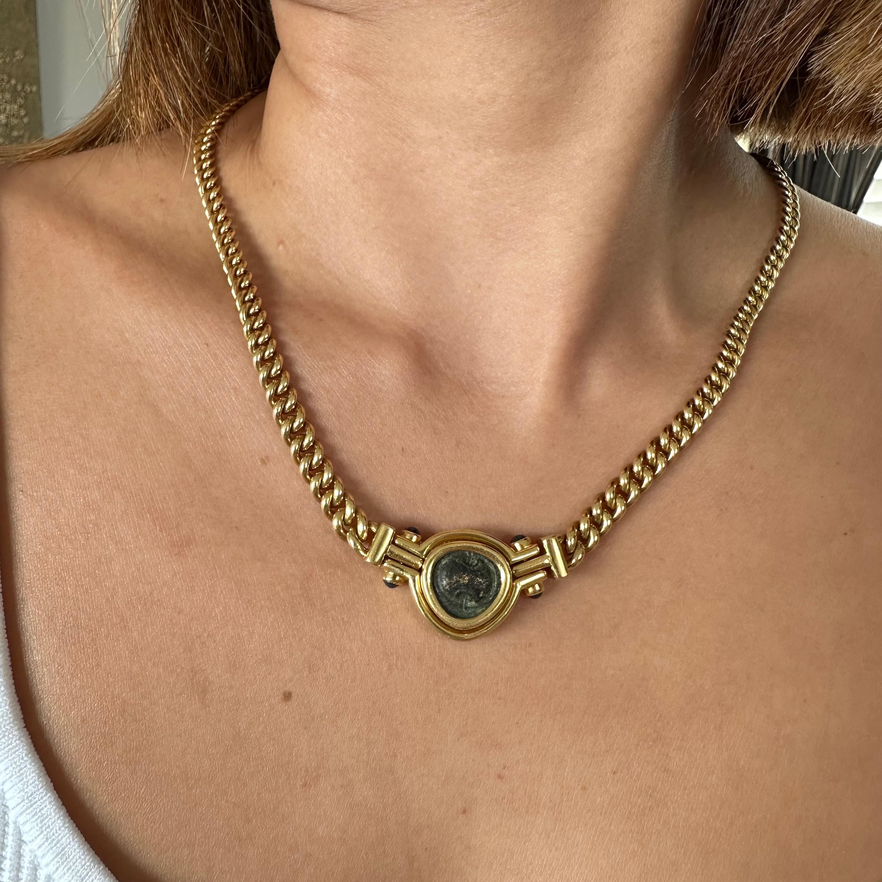 Bvlgari Monete Gold Ancient Coin and Blue Sapphire Necklace For Sale 2